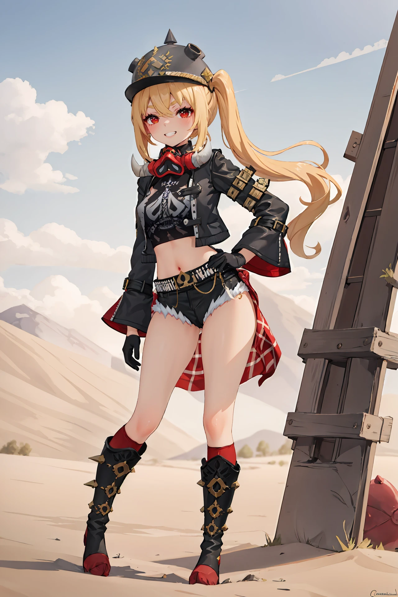 1girl, luciana de montefio, side ponytail, black helmet, cutoffs, half gloves, high belt, cropped jacket, mask around neck, black camisole, sarong, knee boots, red socks, full body, standing, grin, v-shaped eyebrows, looking at viewer, hand on hip, outdoors, desert