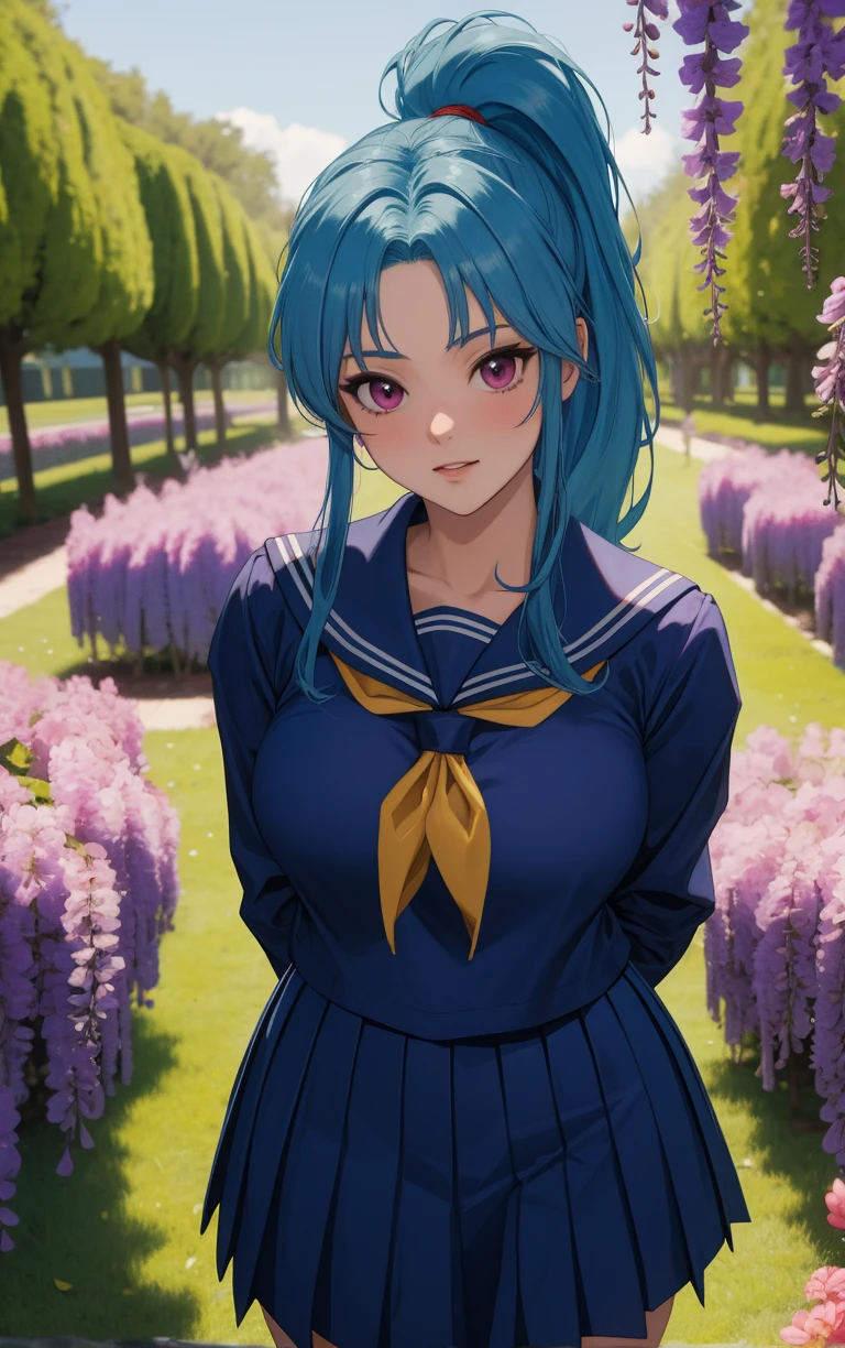 (masterpiece, best quality:1.4), insaneres, absurdres, solo, looking at viewer,BREAK 
SchoolUniform_Botan_ownwaifu, 
1girl, aqua hair, blue hair, high ponytail, pink eyes, spiked hair, long hair, sidelocks, bangs, parted bangs, medium breasts, 
school uniform, blue shirt,  pleated skirt, blue skirt, serafuku, yellow neckerchief, blue sailor collar, long skirt, 
(leaning forward, arms behind back), cowboy shot, garden, wisteria, outdoors, <lora:ANIME_YuYuHakusho_Botan_ownwaifu:0.85> , depth of field, solo,