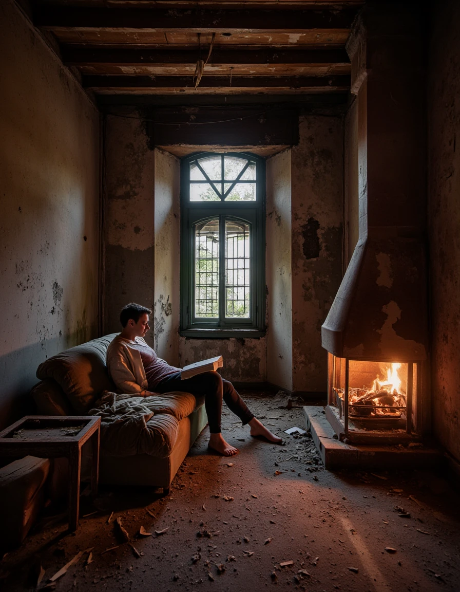 A cozy living room with a person sitting on a couch, reading a book, while a fireplace casts a warm glow around the room., <lora:urban_decay_v10_rank64_bf16-step02016:1>, urban_decay_rooms