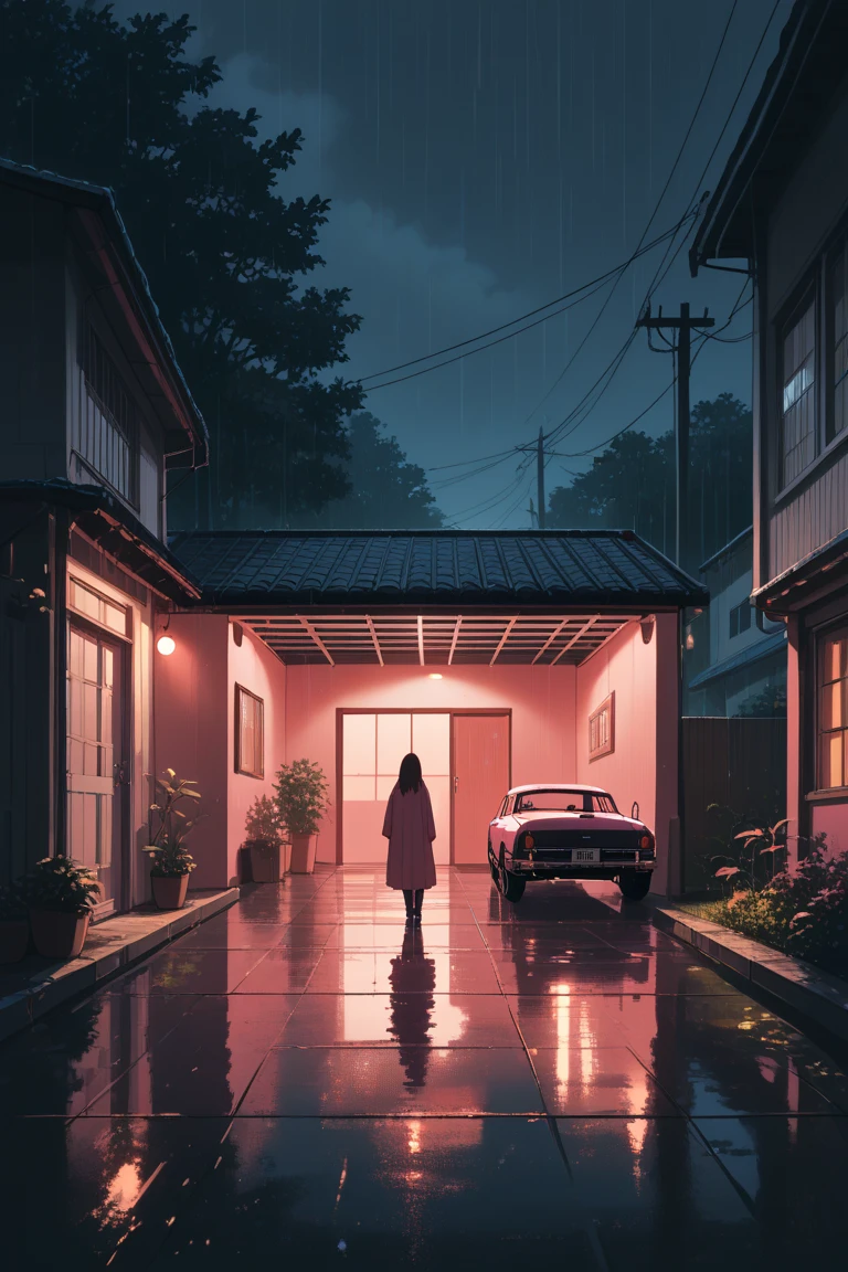 score_9, score_8_up, score_7_up, source_anime, rating_safe, night, raining, natural lighting, open garage focus, CandiOG, wide shot, negative space, no humans, intricately detailed illustration, depth of field, atmospheric perspective, scenery, pink theme, horror (theme)