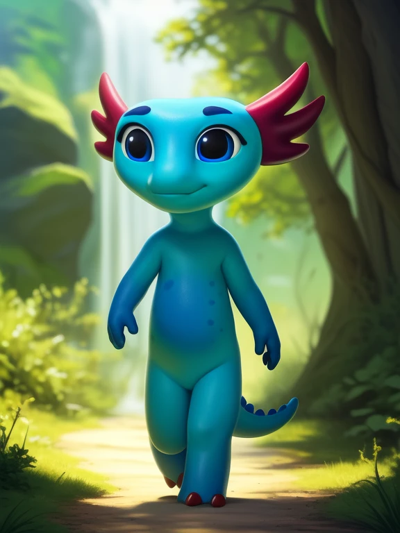 <lora:RuRuAxlYif:1>  RuRuAxl, Axolotl, blue skin, dark blue eyes, two red toes, tail, chibi, small body,
Looks at the viewer, [ solo, nature, forest, day, clouds, waterfall, nude, naced,] (( walking, ))
(beautiful, aesthetic, perfect, delicate, intricate, saturated colors), masterpiece, digital drawing, best quality,
[by personalami], by smitty g, [[[by Foxovh]]], [[by Ross Tran]]