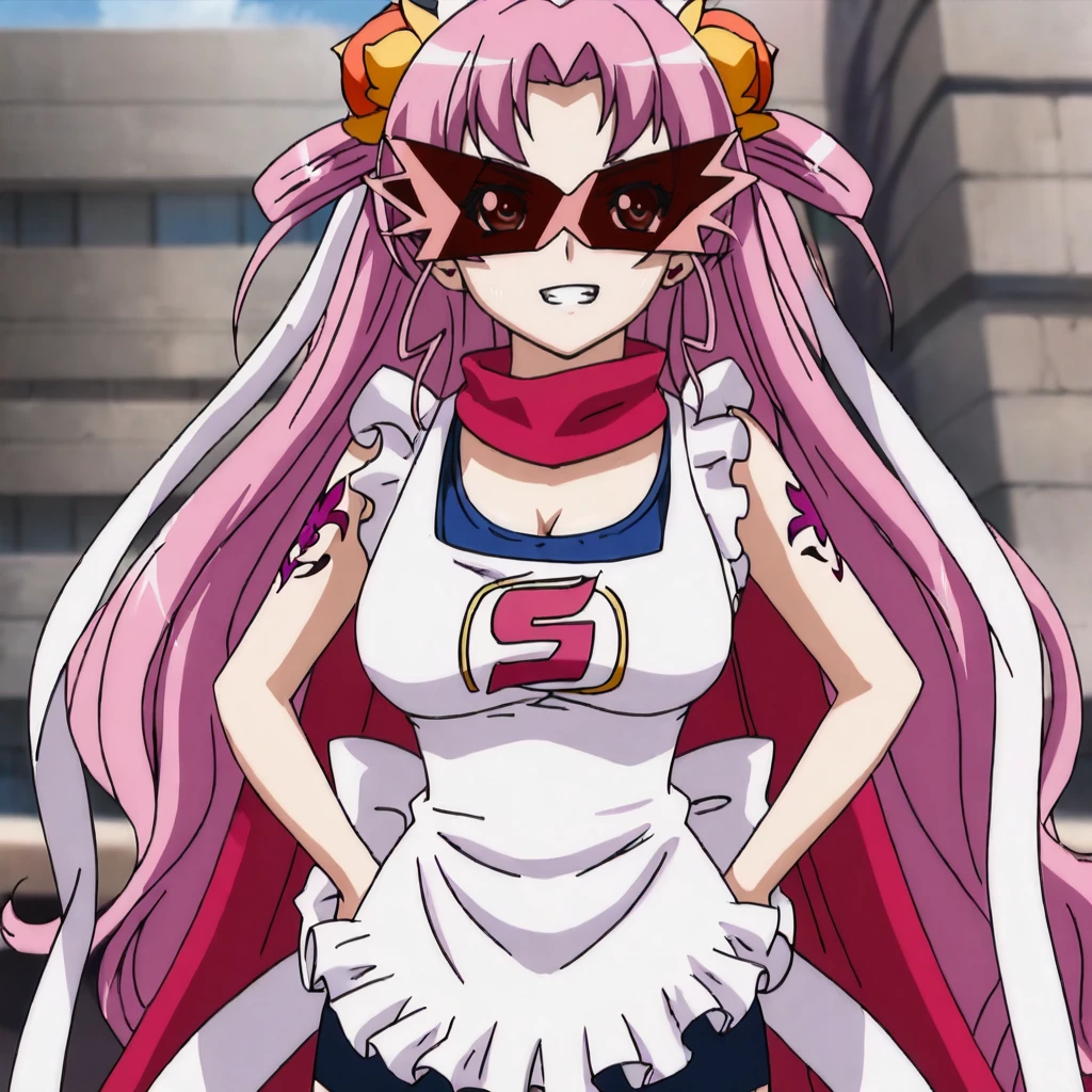 <lora:miyuri_pony_v1:1> MiyuriSuperhero2, breasts, pink hair, scarf, apron, sunglasses, tattoo, cowboy shot