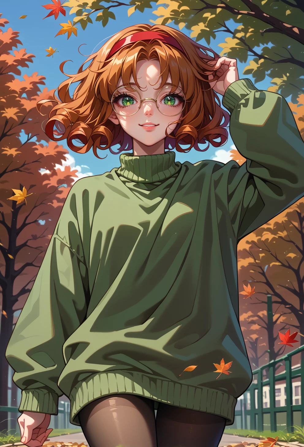 score_9, score_7_up, source_anime, solo, BREAK <lora:AEFuu-000009:0.8> 
AEFuuDef, green eyes, curly hair, parted bangs, short hair, glasses, rimless eyewear, round eyewear, red hairband, green sweater, floating hair, wind, falling leaves, hand in own hair, smile, pantyhose, cable knit sweater, green sweater, oversized sweater,