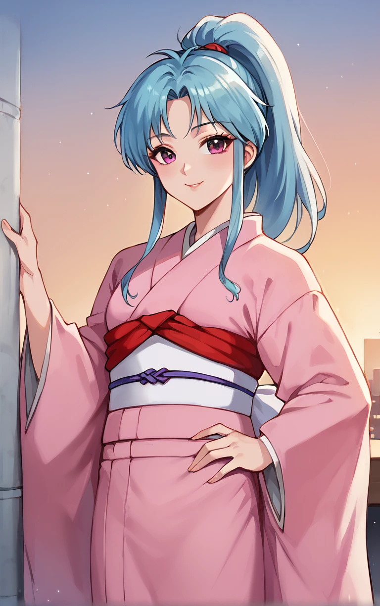 score_9, score_8_up, score_7_up, looking at viewer,  BREAK
MainOutfit_Botan_ownwaifu, 
1girl, aqua hair, blue hair, high ponytail, pink eyes, spiked hair, long hair, sidelocks, bangs, parted bangs, colored skin
pink kimono, sleeves past wrists, japanese clothes, obi, sash, long sleeves, tabi, wide sleeves, sleeves past fingers,
(contrapposto, hand on hip), sunset, sidelighting, cityscape, outdoors, <lora:PONYXL_YuYuHakusho_Botan_ownwaifu:1> , depth of field, solo,