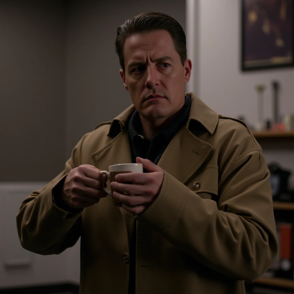 cinematic film still of  <lora:twin peaks style v1:1>
In the 1990's Special Agent Dale Cooper a man in a trench coat holding a cup of coffee, solo, looking at viewer, twin peaks style, shallow depth of field, vignette, highly detailed, high budget, bokeh, cinemascope, moody, epic, gorgeous, film grain, grainy