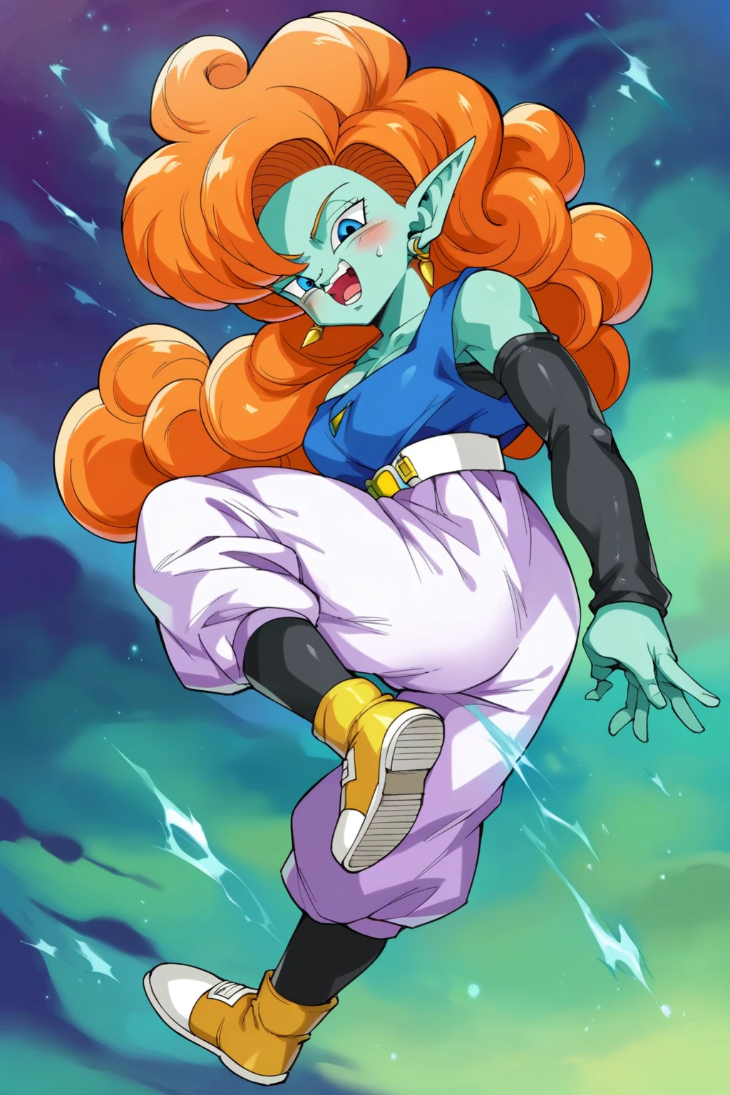 score_9, score_8_up, score_7_up, score_6_up, score_5_up, score_4_up, masterpiece, high quality, BREAK, full body, BREAK, 1girl,   <lora:Zangya:0.8> zangya (dragon ball), orange hair, blue skin,