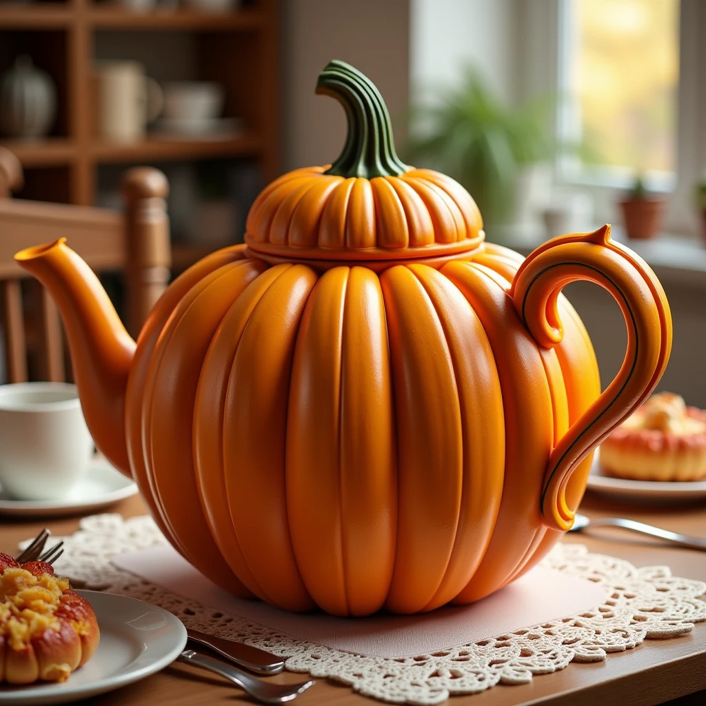 a pampmpkn teapot made out of pumpkin standing on a table. the table is decorated for breakfast and gives a cozy feeling. 