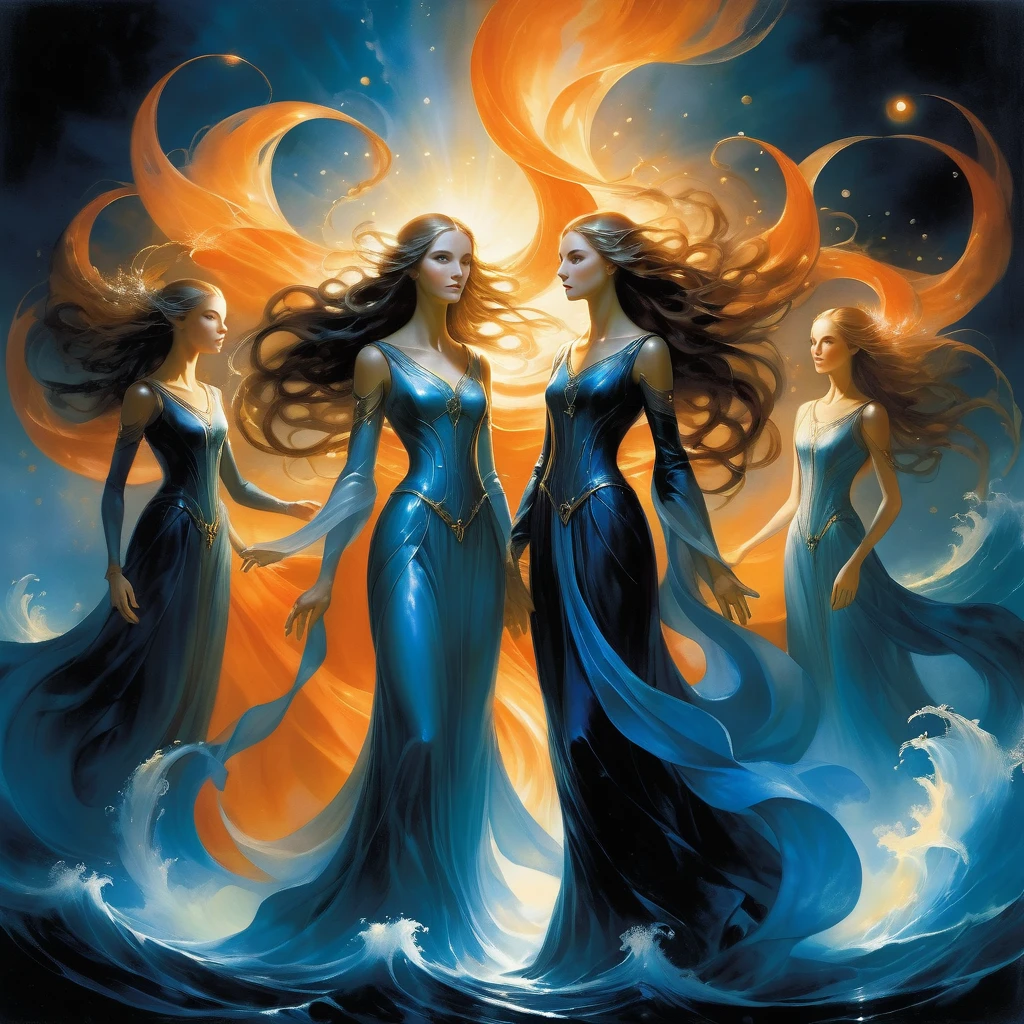 seraphic figures with light flares, flowing hair, otherworldly grace, depicted in a style of soft contrast realism, dreamy abstractions, gentle glows, set against a dreamlike waves of light, soft glow transitions, barely-there details, with colors of burnt orange, midnight black, electric blue, lighting is mystical light sources, lighting the figures' faces, glowing accents, and adorned with glowing orbs flowing around, soft highlights, gentle gleaming. in the style of anne bachelier, dmt trip,