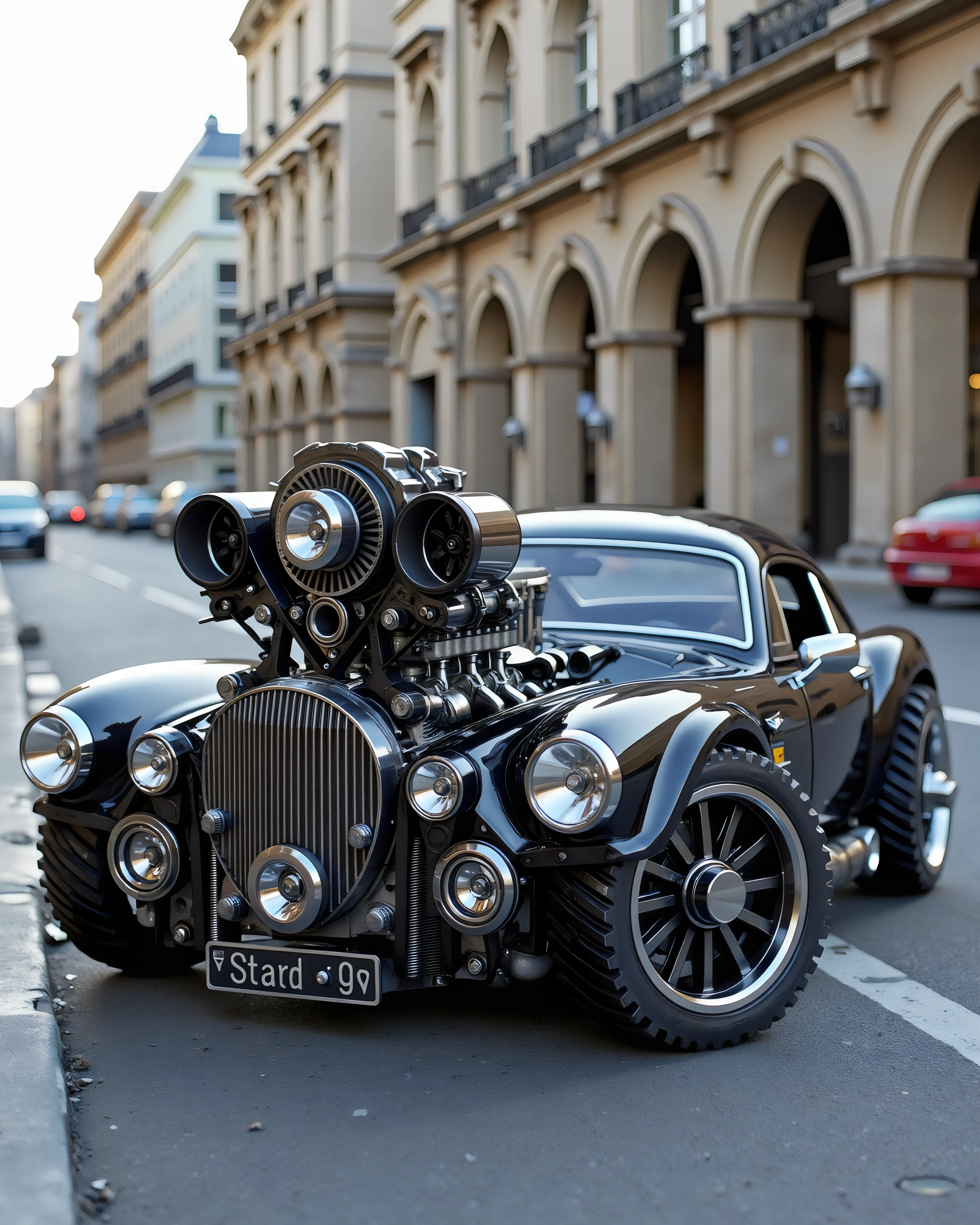 a mechanical car engine robot sports car parked in a major city, gearbox, vr00m