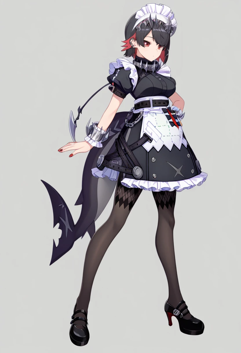 masterpiece, best quality, good quality, maid, ellen joe, 1girl, solo, red eyes, full body, red nails, short hair, standing, closed mouth, argyle thighband pantyhose, high heels, black dress, headdress, maid apron, metal tassel, wrist cuffs, metal collar, tail, earclip, puffy sleeves<lora:ellen joe illustrious 010:1>