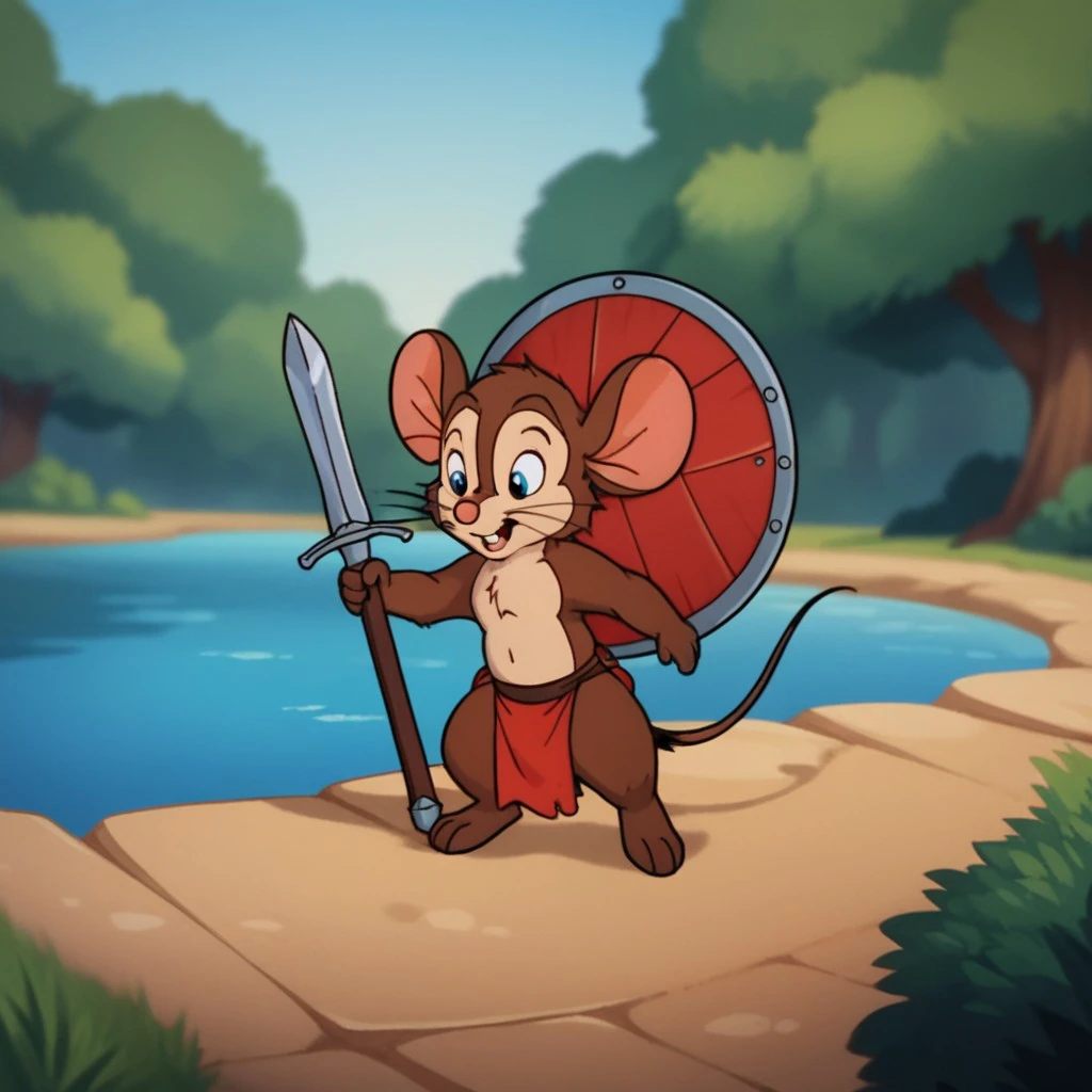 score_9, score_8_up, score_7_up, score_6_up, score_5_up, score_4_up, source_furry,  FievelM, young semi-feral, male, mouse, brown fur, solo, loincloth, toy sword, toy shield, playing in the  park, <lora:59d1b8b1-f96e-4b0d-8567-415d1a323cc8:0.7>