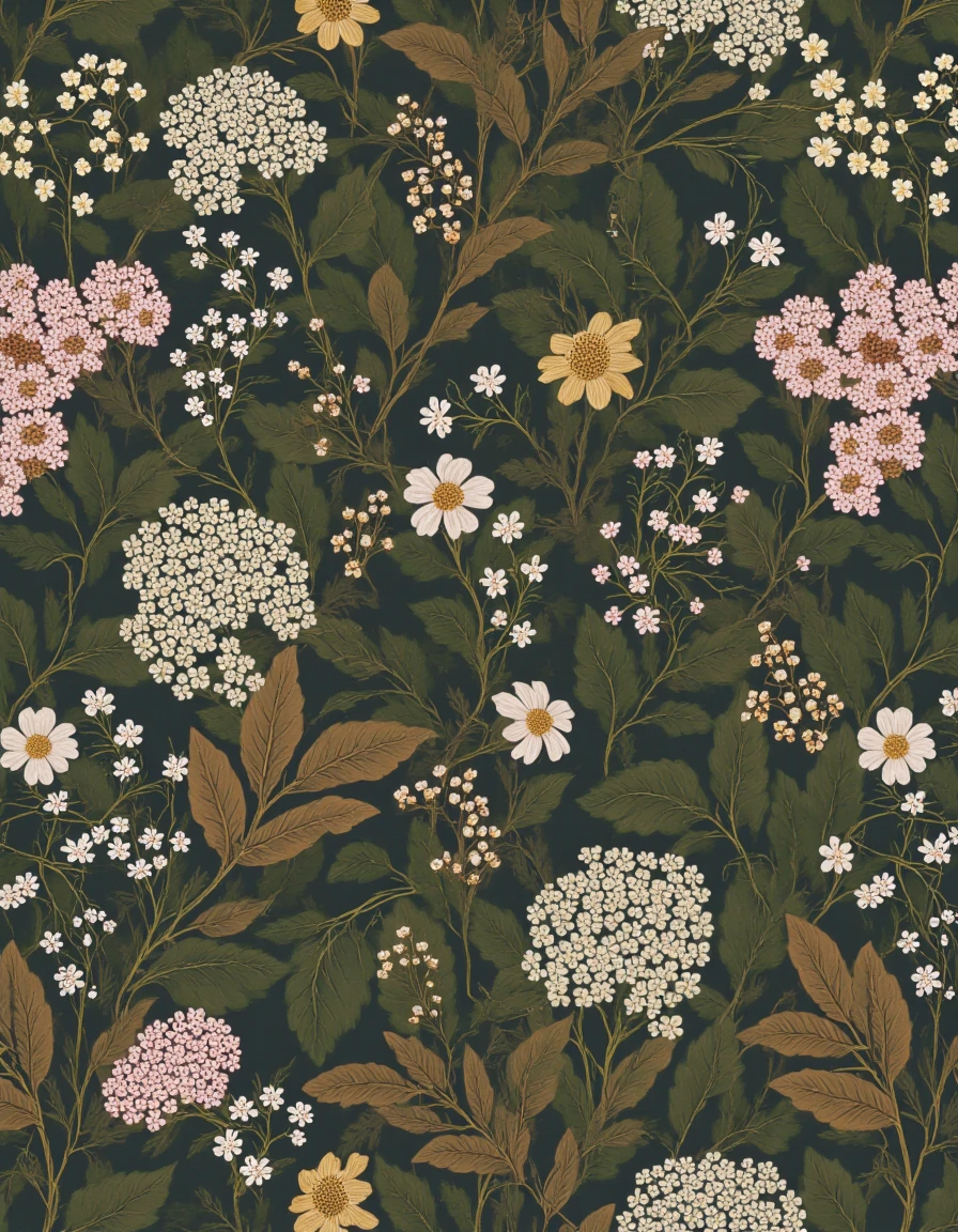 This image is a digital illustration featuring a detailed botanical pattern. The design showcases a repeating, intricate floral motif that spans the entire canvas. The pattern is composed of various plants and foliage elements rendered in a muted, earthy color palette. 
The primary colors include dark forest green, muted gold, and a soft white. The foliage includes a mix of leaves, flowers, and small, delicate sprigs. The leaves are depicted in varying shades of green and gold, while the flowers and smaller sprigs are rendered in white and gold. 
The pattern features a variety of textures, from the smooth, rounded leaves to the more intricate, feathery foliage and delicate, almost lace-like flowers. The botanical elements are arranged in a repeating, symmetrical pattern, creating a sense of order and harmony.  <lora:MorrisCo:1> <lora:AS_v2:1> <lora:Cottagecore_Flux:0.6>