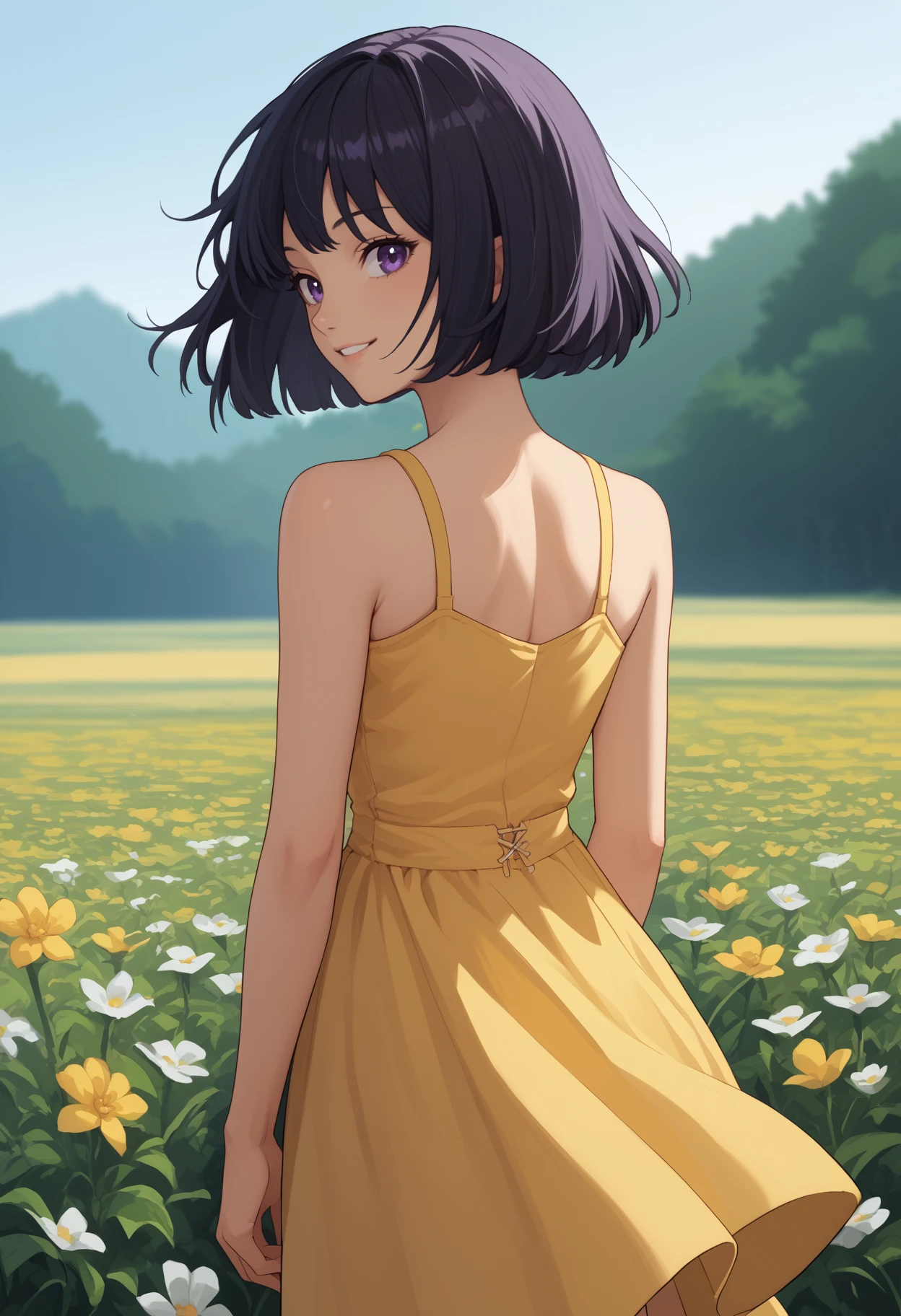 score_9, score_8_up, score_7_up, source_anime, <break> from behind, solo, 1girl, sail0rs4turn, smile, looking back, short hair, black hair, bob cut, purple eyes, yellow sundress, bare shoulders, outdoors, flower field
<segment:yolo-face_yolov8m.pt,0.4,0.5//cid=1>