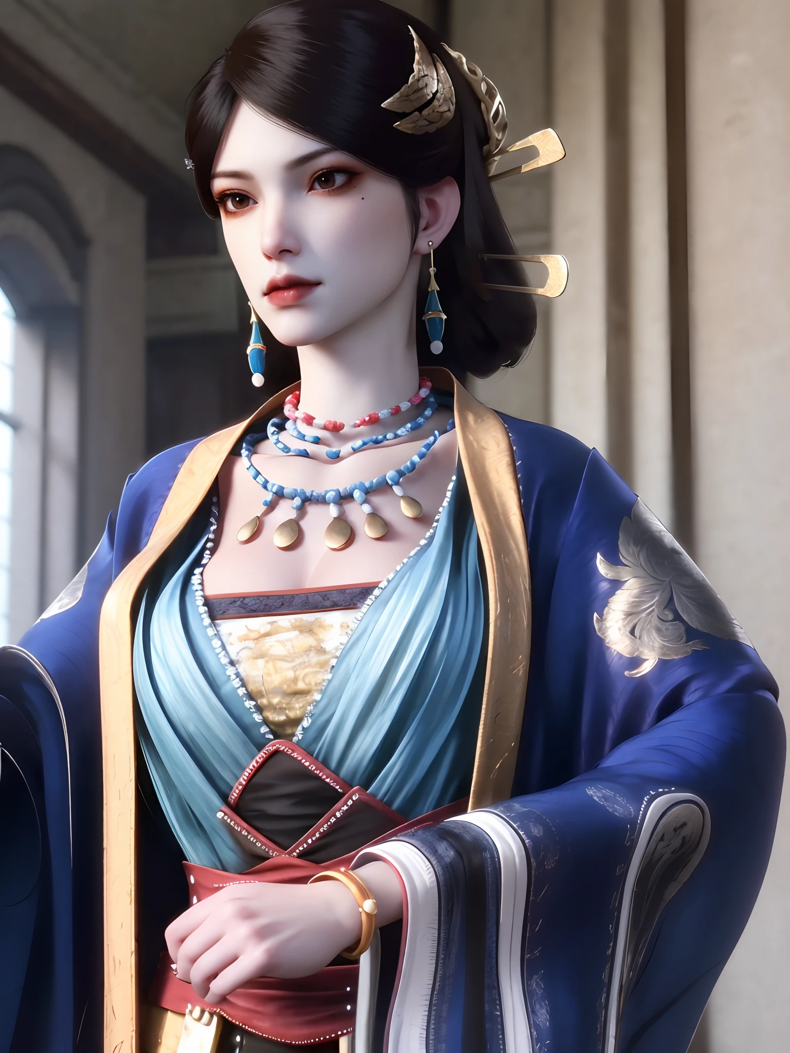 <lora:wenluoyu2>,best quality,highres,realistic,absurdres,masterpiece,4k,1girl,solo,chinese dark blue robe,wenluoyu,jewelry,earrings,necklace,black hair,(hair pin:1.1),(hair stick:1.2),hair ornament,mole under eye,makeup,bracelet,wide sleeves,large breasts,cleavage,bead necklace,narrow waist,(pale skin:1.1),(shiny skin:1.2),shiny clothes,perfect hands,mature female,face light,open robe,looking at viewer,
sunlight,upper body,