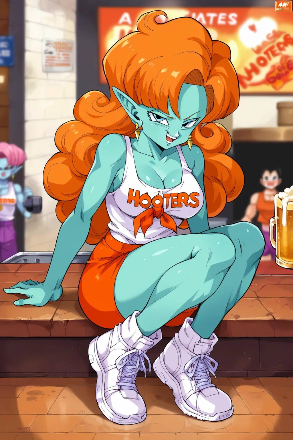 score_9, score_8_up, score_7_up, score_6_up, score_5_up, score_4_up, masterpiece, high quality, BREAK, full body, BREAK, 1girl,   <lora:Zangya:0.8> zangya (dragon ball), orange hair, blue skin, <lora:HooterOutfit:0.9> hooters logo, short shorts, orange shorts, booty shorts, breasts, owl logo,