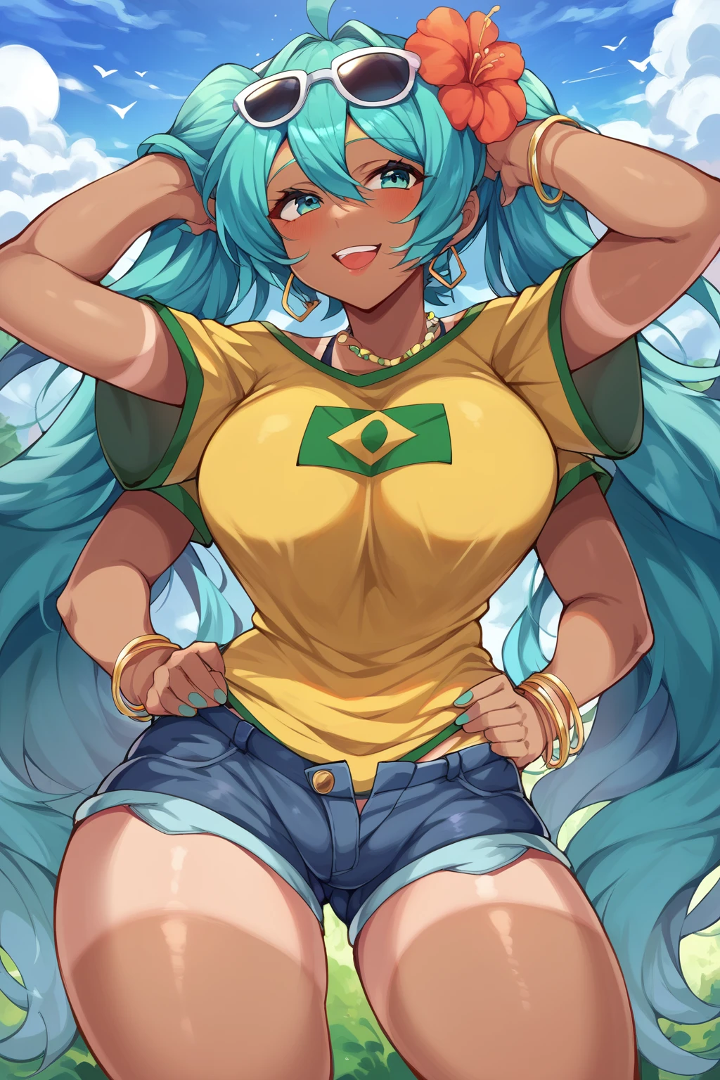 score_9, score_8_up, score_7_up, score_6_up, score_5_up, score_4_up, masterpiece, high quality, BREAK, full body, BREAK, 1girl,   <lora:Brazilian Miku:0.8> aqua hair, sunglasses on head, flower in hair, yellow shirt, brazil flag on shirt, denim shorts, booty shorts, tanned, 1girl, hatsune miku, <lora:MultipleArms:0.9> multiple arms, extra arms,