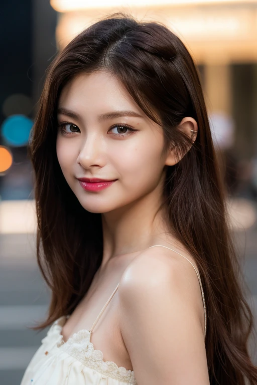 masterpiece, best quality, ultra-detailed, ultra high res, (photorealistic:1.4), raw photo, (realistic:0.2), 8k HDR, realistic lighting, 1girl, solo, (asian:0.2), asymmetrical hair, outdoor, night, (simple background:1.4), bokeh, (detailed lips), (detailed pores), (detailed skin textures), (detailed face:1.2), (upper body:1.2), a woman in a sundress, promotional image, a character portrait, smile,