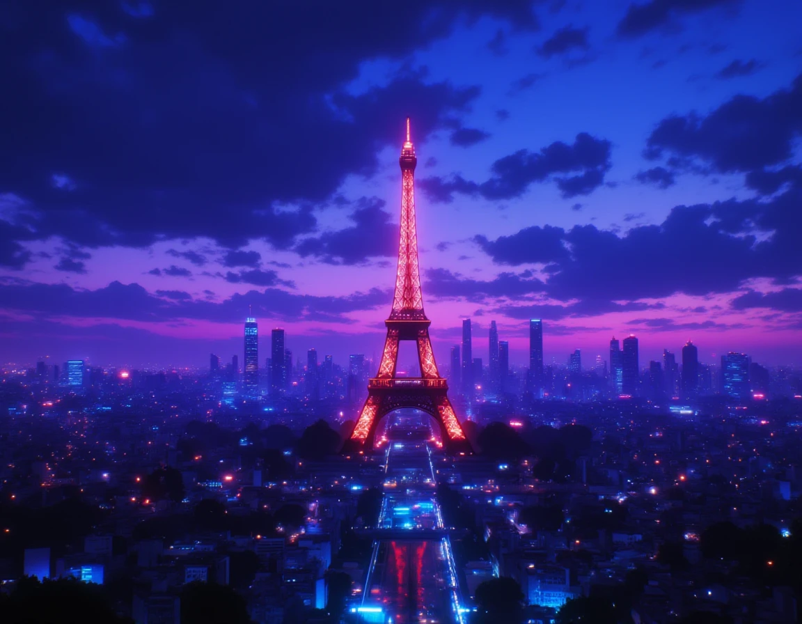 <lora:FadooStyleV2_r1:1> FADOOSTYLEV2,PARIS EFFEIL TOWER in cyberpunk City background landscape, neonâââ