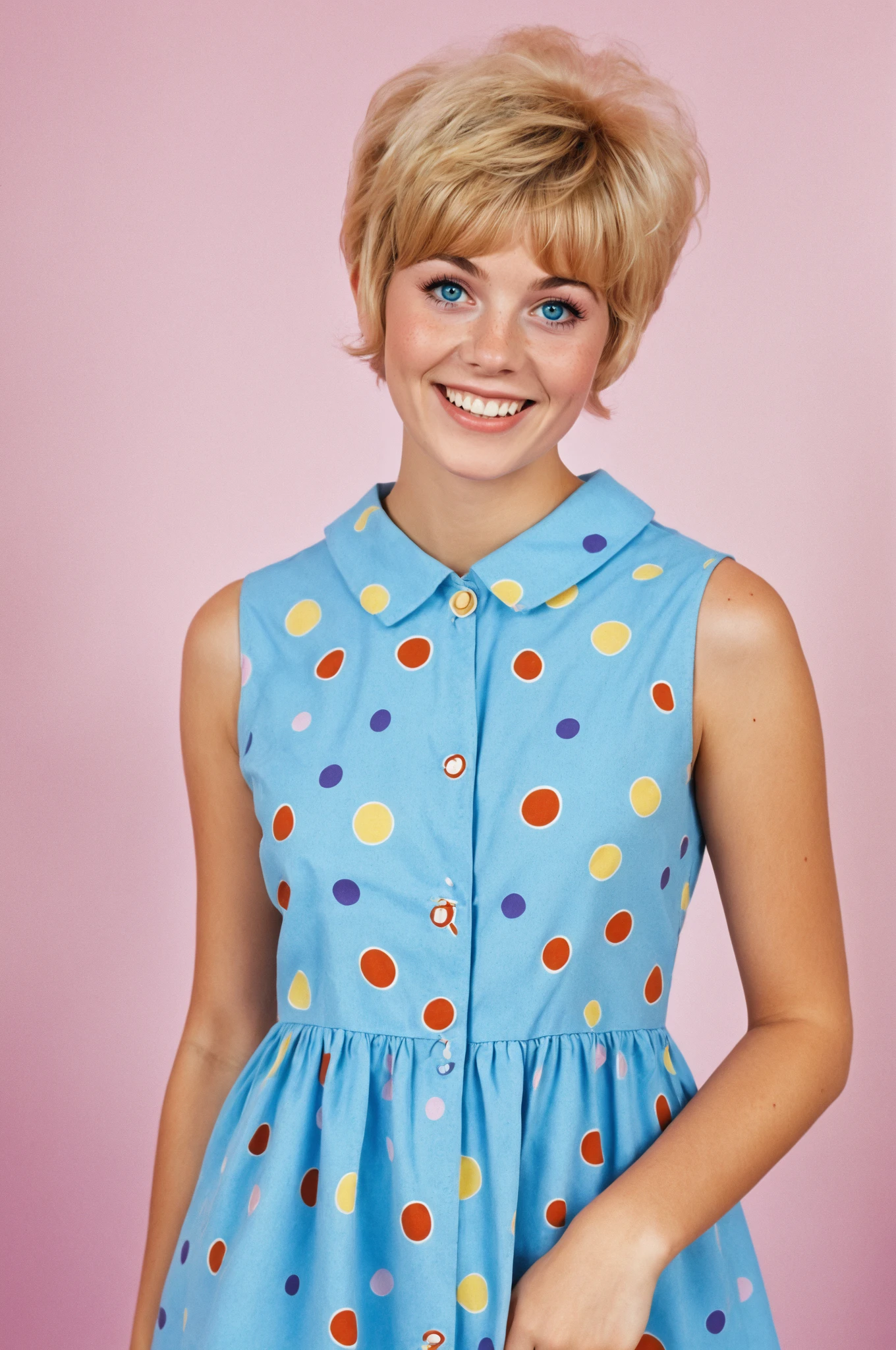 portrait of 20yo gjhawn woman with a blonde pixie cut and bangs, messy hair, blue eyes, she is wearing blue cotton dress with a bold colorful print, make-up, cute freckles, big smile<lora:gjhawn.sdxl.16:0.85>, retro 60s fashion, 60s color palette, 1960s style