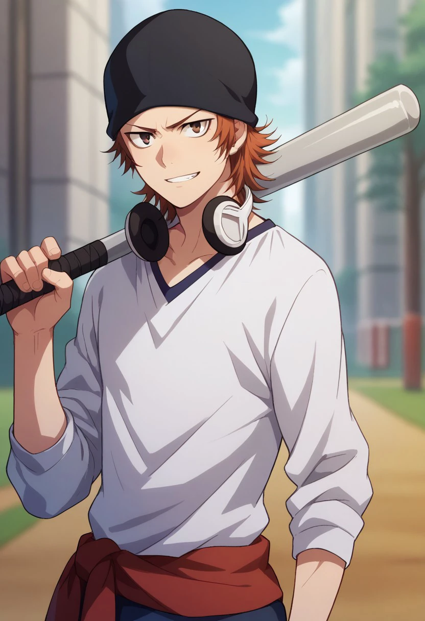 score_9, score_8_up, score_7_up, source_anime, highly detailed, 

misaki, 1boy, male focus, solo, red hair, brown eyes, hat, beanie, black headwear, headphones, headphones around neck, shirt, white shirt, clothes around waist, sweater around waist, upper body, baseball bat, holding, holding baseball bat, grin,

outdoor, 