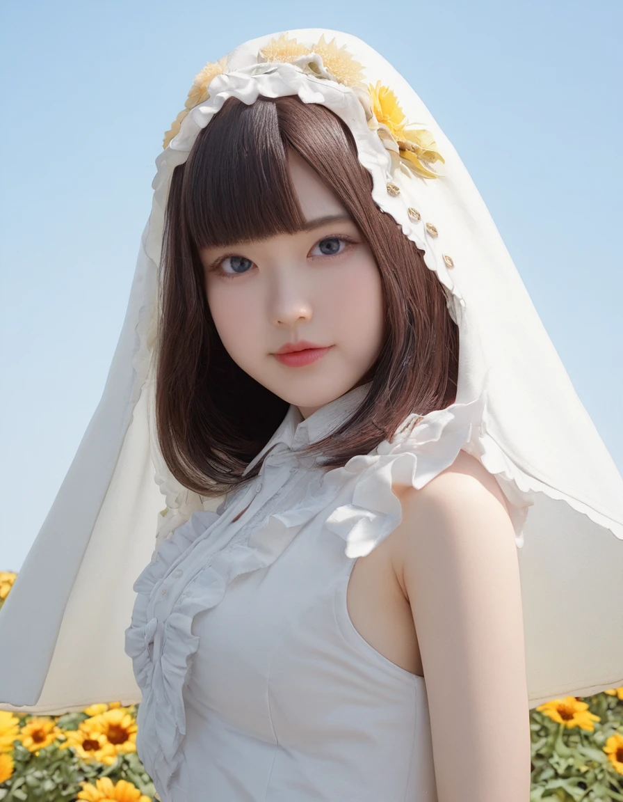 masterpiece, best quality, very aesthetic,
high resolution, [:natural skin, detailed skin, (skindentation:0.3):0.5],
1 girl, japanese, cute idol, (white high collar blouse , frills:1.3),  (maria veil:1.4), big round eyes,Detailed eyes,
Medium Hair, Straight bangs,
ridiculous amount  flowers, lots of flowers, cloudy sky,<lora:WhippeMilk_2D:0.7:1:lbw=1,1,1,1,0,0,0,0,0,0,0,0,0,0,0,0,0>