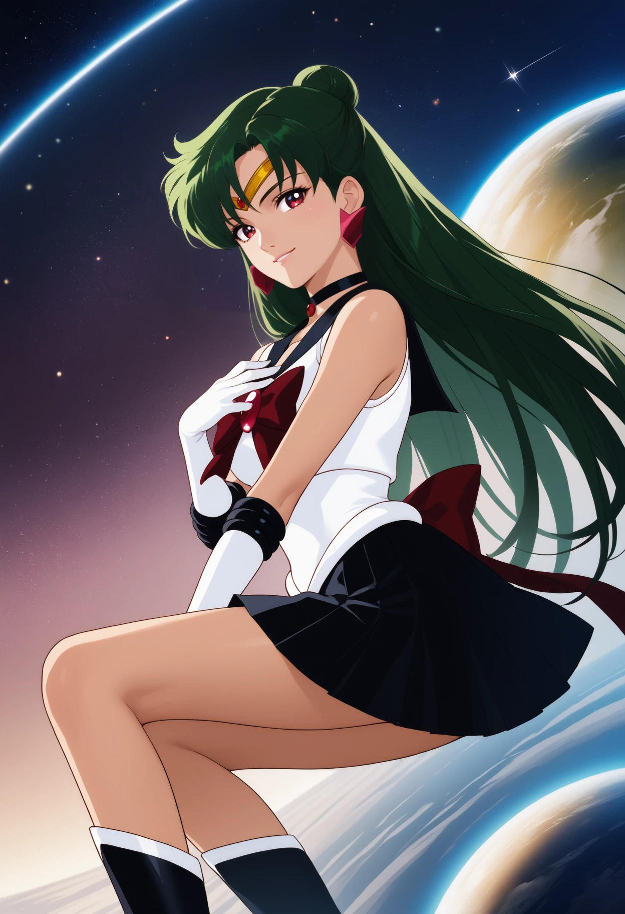 score_9, score_8_up, score_7_up, source_anime, <break> solo, 1girl, sail0rplut0, smile, looking at you, hand on own chest, green hair, single hair bun, red eyes, circlet, sailor senshi uniform, white shirt, sleeveless shirt, back bow, red bow, black sailor collar, brooch, white gloves, elbow gloves, black skirt, pleated skirt, knee boots, earrings, black choker, space, star \(sky\)
<segment:yolo-face_yolov8m.pt,0.4,0.5//cid=1>