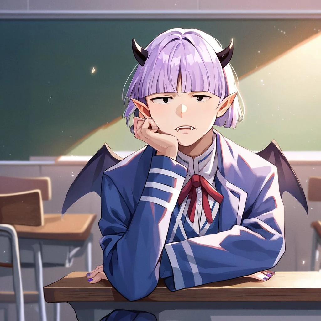 (masterpiece), score_9, score_8_up, score_7_up, score_6_up, score_5_up, score_4_up, source_anime, 1boy, solo, Purson Soi, purple hair,  black eyes, horns, wings, fangs, pointy ears, purple nails, blue school uniform, sitting, in a classroom, expressionless