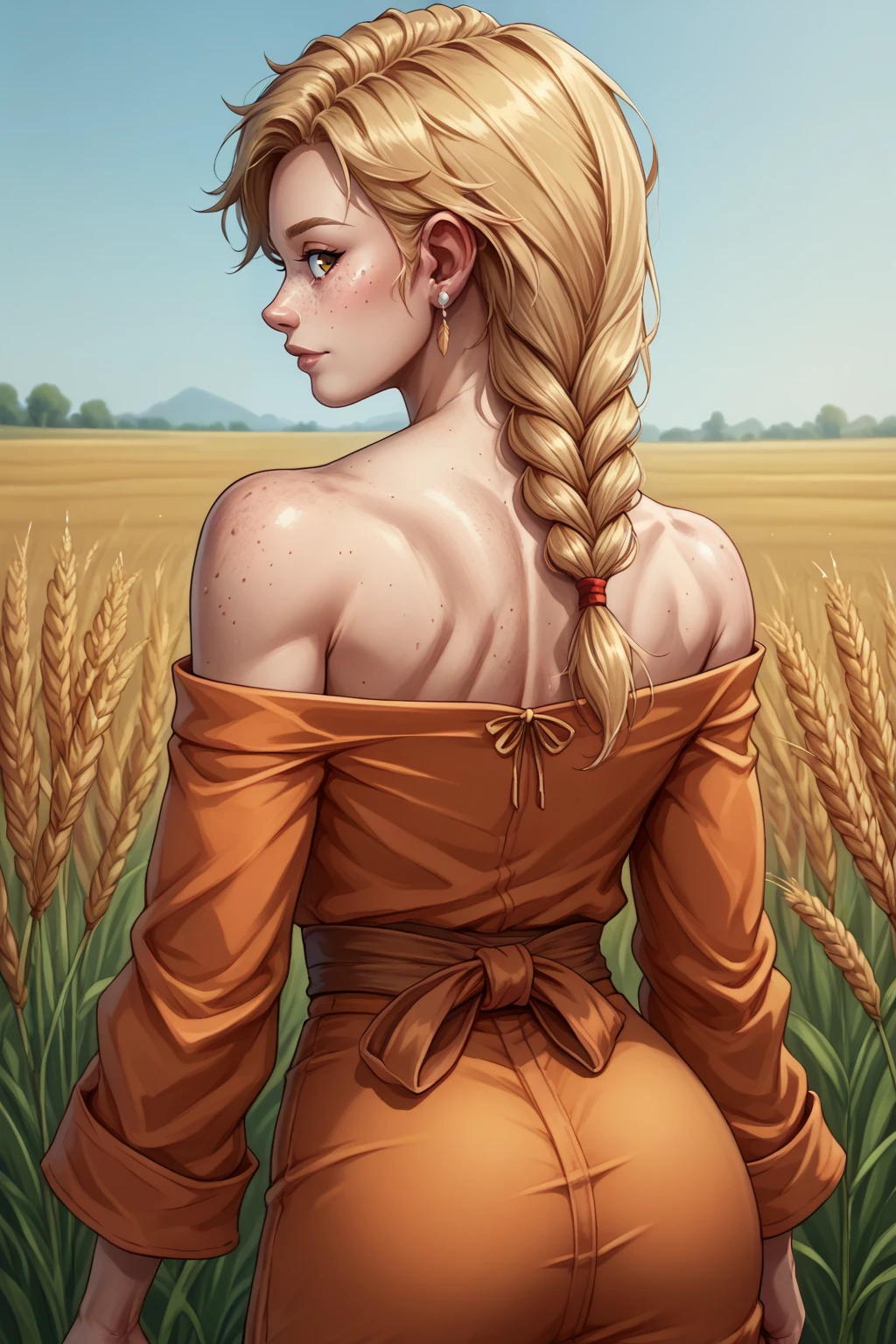 score_9, score_8_up, 1girl, solo, <lora:NSEmilyPortia:1> NSEmilyPortia, blonde hair, single braid, long hair, white earrings, stud earrings, freckles, from behind, orange kimono, bare shoulders, wheat field