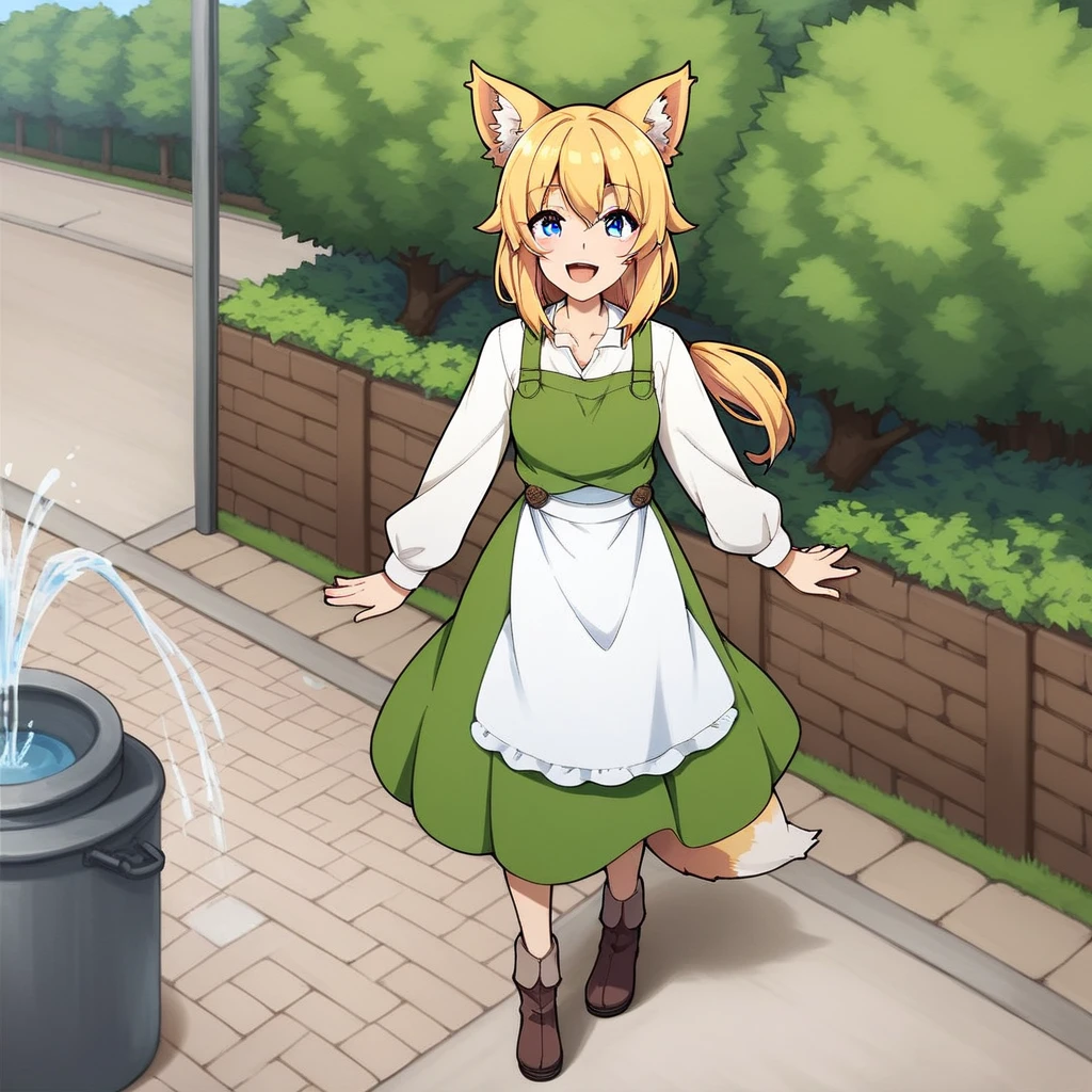 score_9, score_8_up, score_7_up, score_6_up, score_5_up, score_4_up, 1girl, solo, amako, apron, tree, water fountain, bush, pavement, fence, blue eyes, blonde hair, vneck, open mouth, smile, standing, low ponytail, green dress, white shirt, long sleeves, puffy sleeves, brown footwear, apron, fox ears, full body, fox tail, outdoors, park, brown buttons, <lora:Amako_-_The_Wrong_Way_To_Use_Healing_Magic_-_PONY_XL (1):0.7>