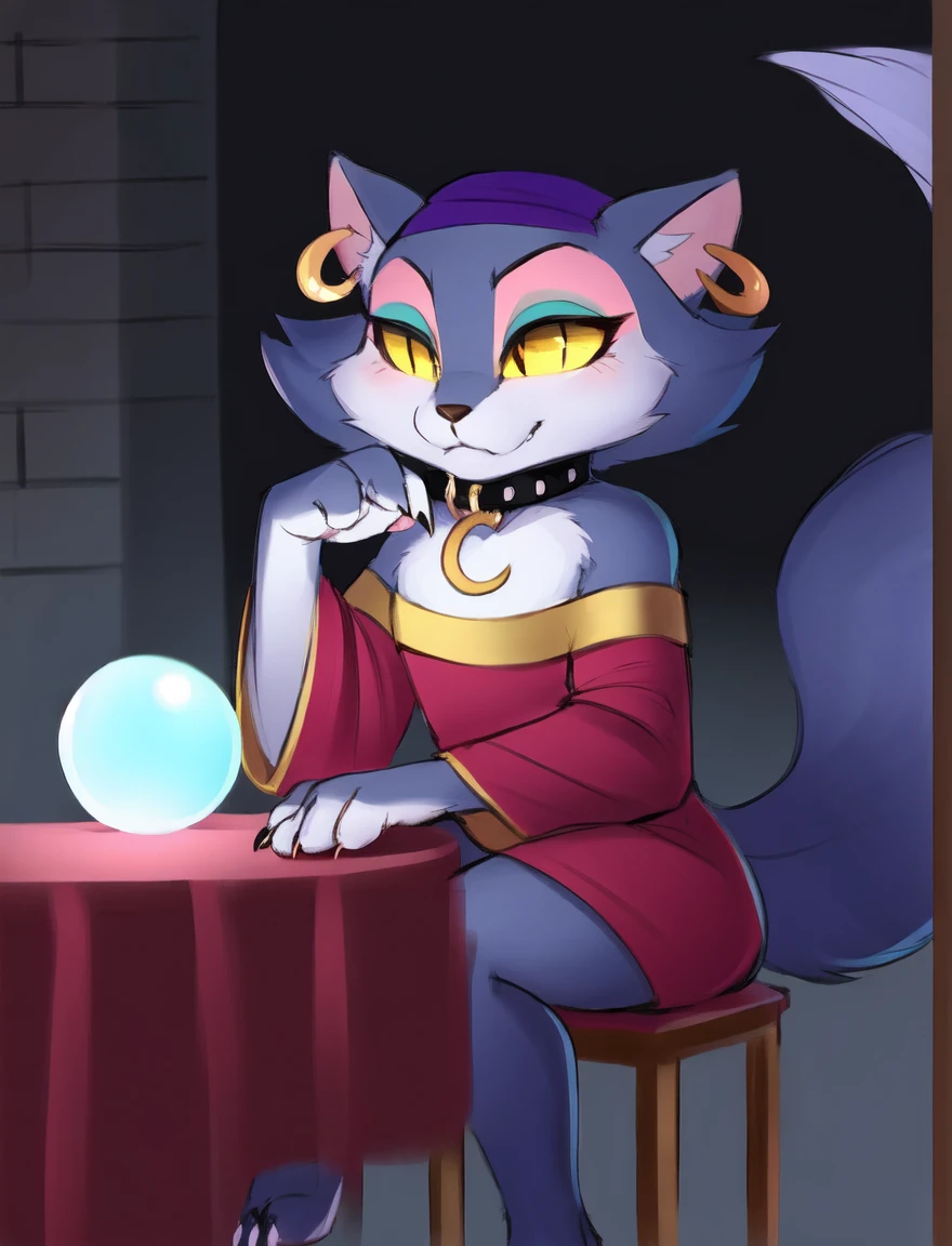 msfortune, female, cat, collar, bandana, yellow sclera, ring piercing, dress, makeup, claws, sitting behind table, hand on chin, crystal ball, alleyway, by cydonia xia, <lora:MsFortune_03-YiffyMix-nd064-ep26:1>