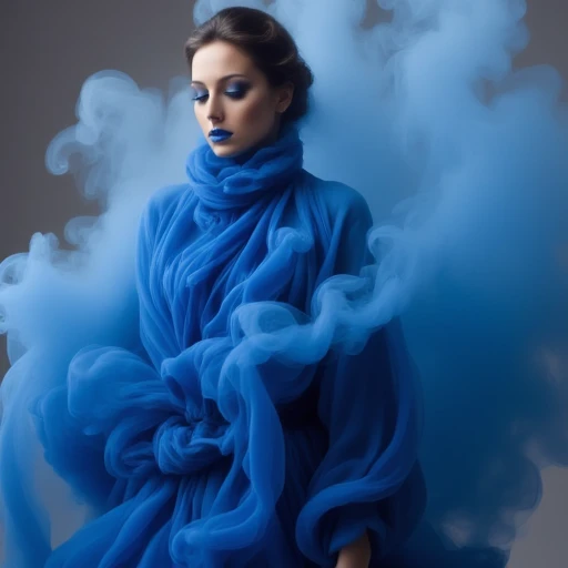 create an image is of a woman wearing a jacket made of blue smoke cloth. the cloth has the texture and apearance of thick smoke shaped like cloth