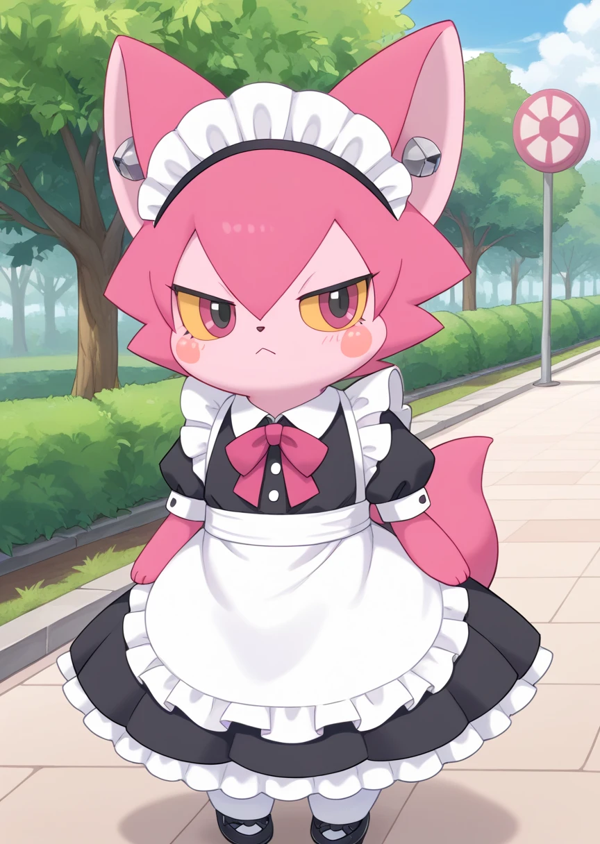 score_9, score_8_up, score_7_up, score_6_up, score_5_up, BREAK
Yurano, anthro, female, no humans, blush stickers, solo, animal ears, 1girl, closed mouth, furry, park, pink fur, colored sclera, yellow sclera, maid outfit, maid headdress, cafe