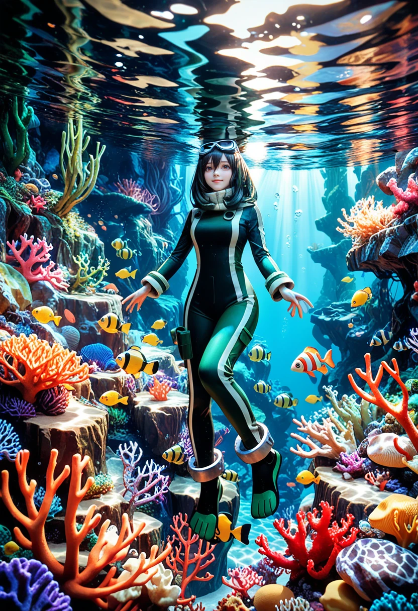 year 2023, onineko, tianliang duohe fangdongye, wlop, ciloranko, ask \(askzy\), miv4t, 1girl, asui tsuyu, green-diving-suit, underwater, swimming, goggles-on-head, brunette, brown-eyes, tropical-fish, coral, flippers,
masterpiece, best quality, amazing quality, very aesthetic, absurdres,