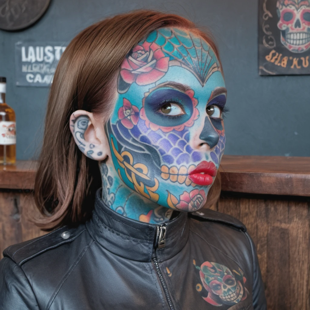 a woman with sugarskullfacetattoo in an bar  <lora:sugarskullfacetattoo_SDXL:1> wearing a leather jacket