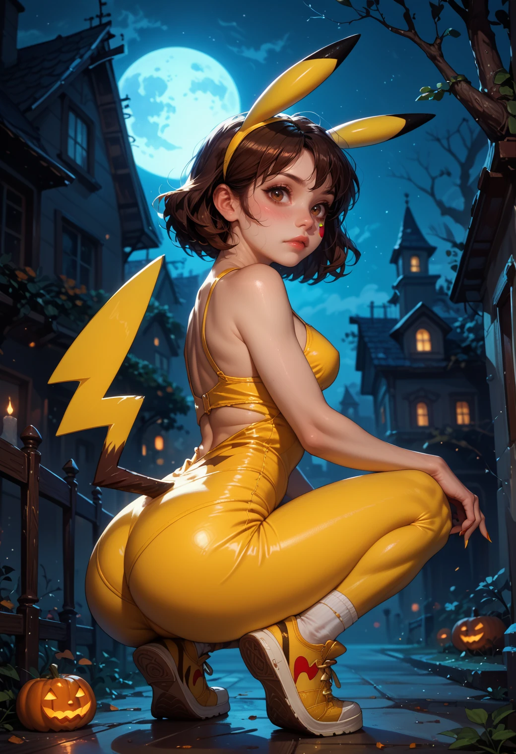 score_9, score_8_up, score_7_up, score_9, score_8_up, score_8, score_7_up, score_7, score_6_up, score_6, score_5_up, spooky, dark atmosphere, dynamic angle, from side, 1girl, sexy pikachu costume, solo, slender, shiny clothing, pikachu ears, tail, juicy ass, blush cheeks, looking at viewer, medium breasts, brown eyes, painted fingernails, cosplay, yellow sneakers, full body, full moon, halloween, pinup girl style