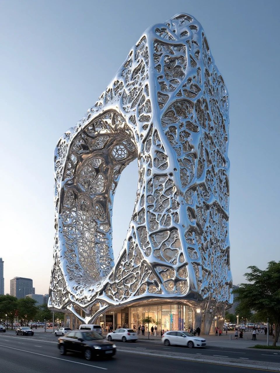 flowsliverexoskeleton,a Futuristic large building in city,which is made up of hollow out silver,parametric architectural design