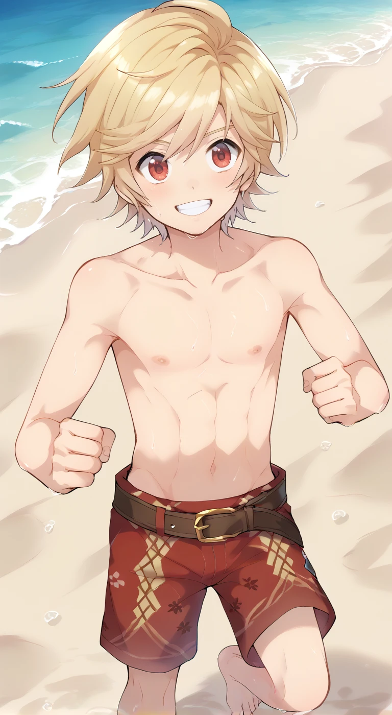 1boy,solo,male focus,arthur(granblue),blonde hair,red eyes,topless male,collarbone,smile,belt,tartan shorts,beach,outdoor,sweaty,running,mikkoukun