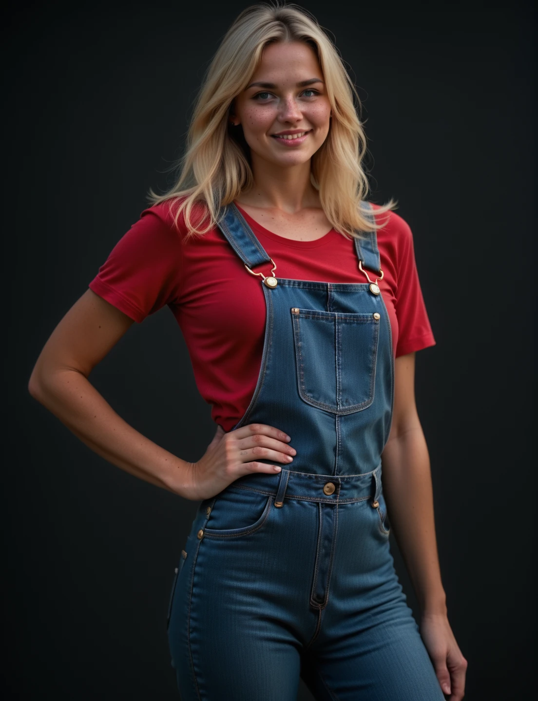 <lora:CountryGirlSally2:0.7>  CountryGirlSally, (score_9, score_8_up, score_7_up), simple black background, hand on hip, blue overalls, red shirt