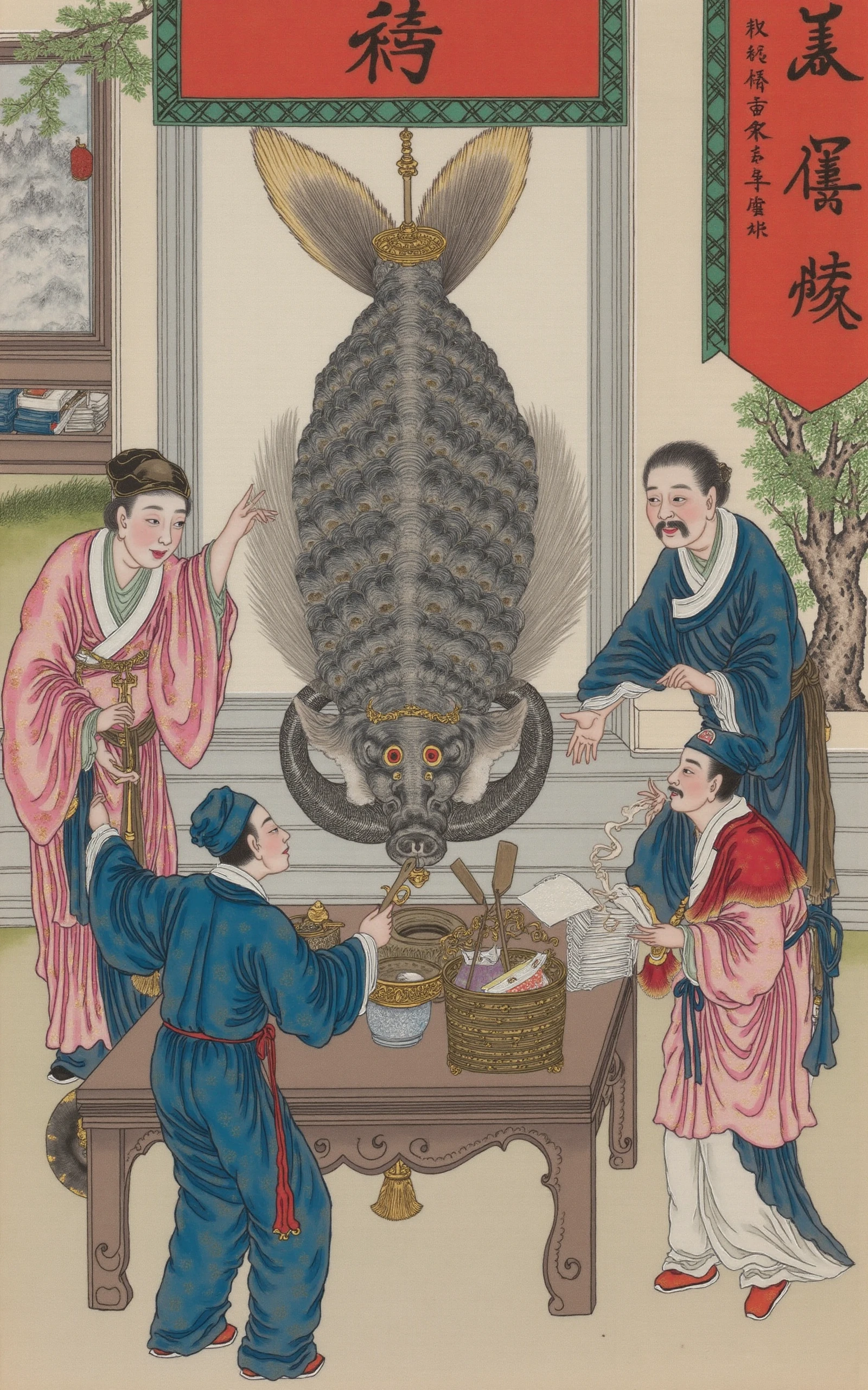 <lora:Liaozhai_flux_style:1>,Liaozhai,This is a detailed, traditional Chinese ink painting on silk, depicting an elaborate scene from a historical or mythological context. In a steampunk forging workshop, two men and one woman are operating a machine to generate a giant steampunk mechanical fish, with a sign that says 'Cyber Fish'.  Complex large scene, top view