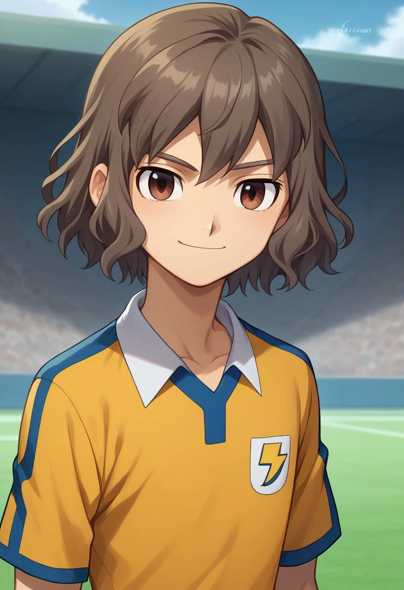 score_9, score_8_up, score_7_up, source_anime, highly detailed, 

takuma, 1boy, male focus, solo, grayish-brown hair, brown eyes, sportwear, soccer uniform, raimon soccer uniform, raimon, shirt, yellow shirt, short sleeves, smile

outdoor, 