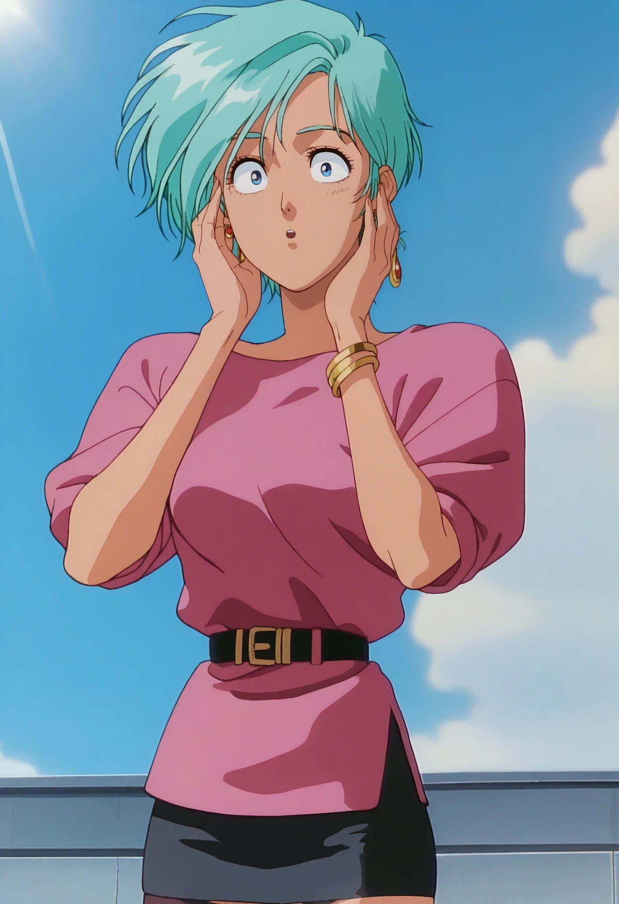 score_9, score_8_up, score_7_up, score_6_up, anime screencap, anime coloring, <lora:MegumiAmano:0.9>, MegumiAmano, solo, aqua hair, short hair, blue eyes, earrings,
bracelet, pink shirt, belt, black skirt, miniskirt, thighhighs, high heels, 
upper body, sanpaku, wide-eyed, surprised, looking at viewer, hands on own face, 
BREAK, blue sky, day, sunlight, sunbeam,