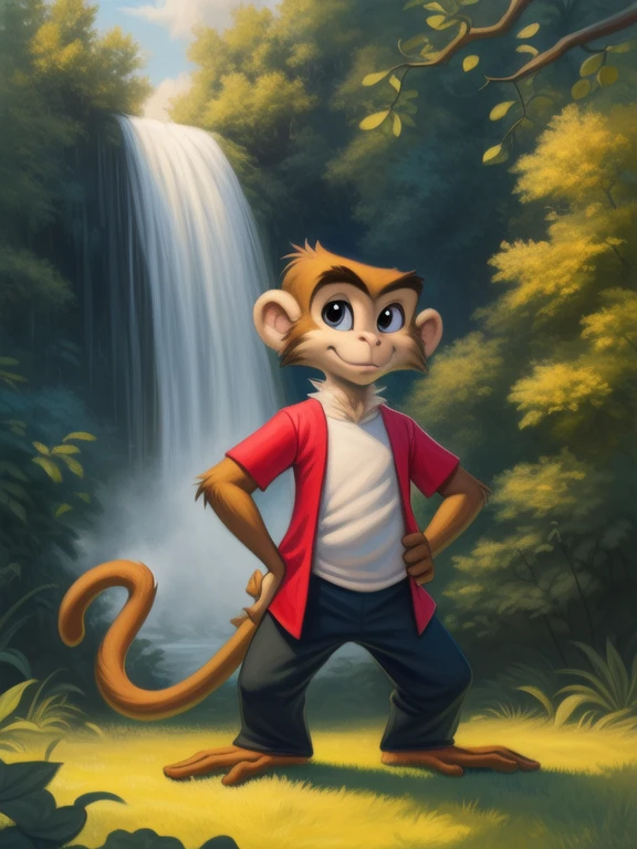 <lora:MrNilPipLonYif:1>  MrNilPipLon, monkey, white t-shirt, red jacket, black pants, hat,( chibi, small body,)
Looks at the viewer, [ solo, nature, forest, day, clouds, waterfall, nude, naced,]   ((Hands on hips, standing, )) kneeling one leg
beautiful, aesthetic, perfect, delicate, intricate, saturated colors, masterpiece, digital drawing, best quality,  
by Harriet Backer, by Ferdinand Knab, by Reylia Slaby, by Silverfox5213