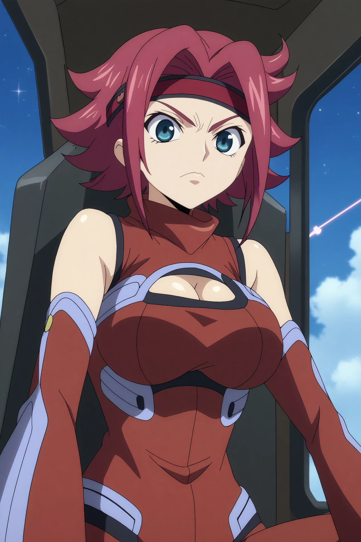  kallen kozuki,1girl,solo,short hair,looking at viewer,closed mouth,sleeveless turtleneck,bare shoulders,large breasts,bodysuit,pilot suit,red bodysuit,cleavage,flipped hair,red headband,frown,starry sky, >:\(, mecha, outdoors, robot BREAK indoors,cockpit,mecha   <lora:Kallen_Kozuki_-_Code_Geass.safetensors:0.8>