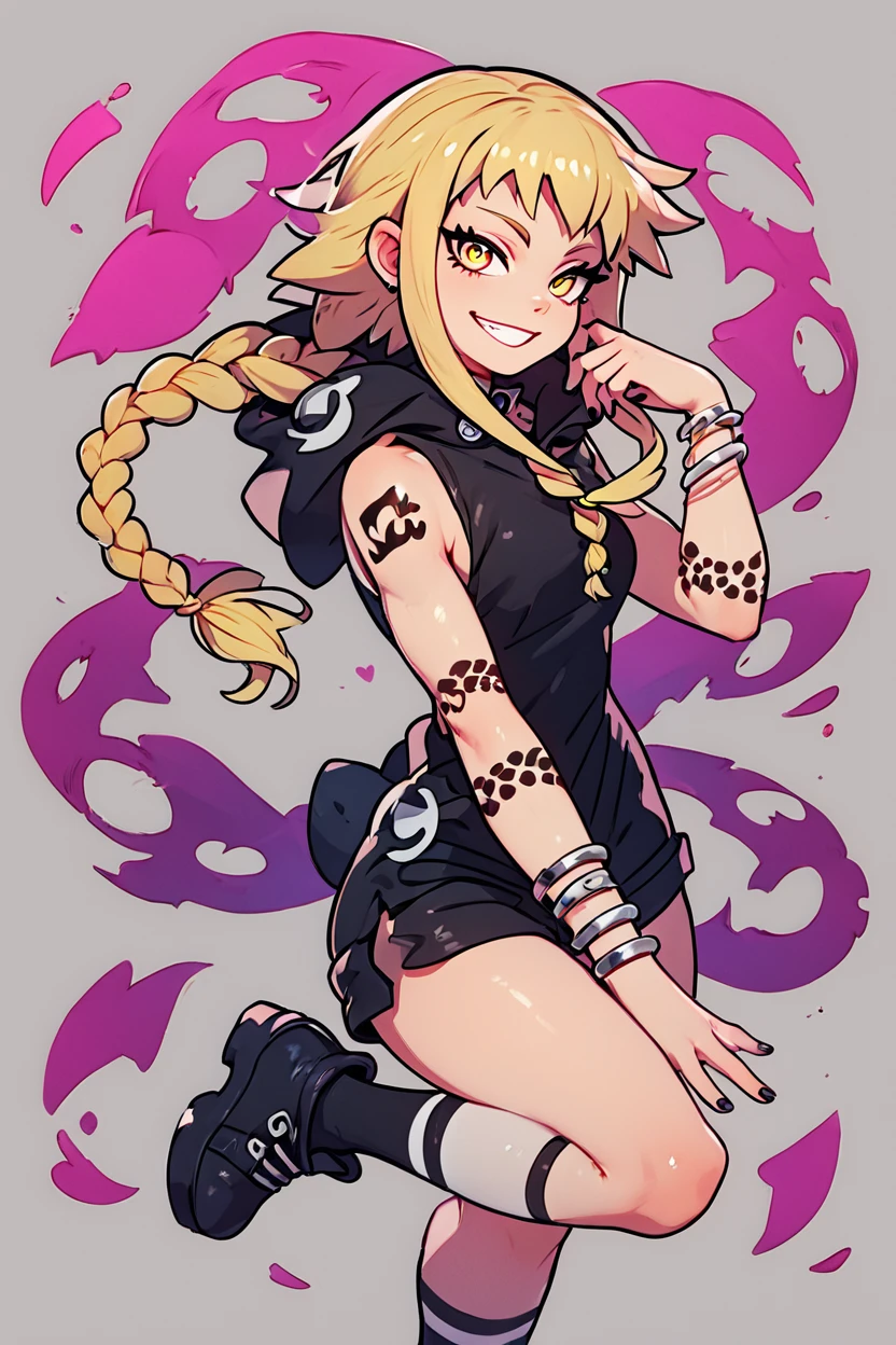 score_9, score_8_up, score_8, medium breasts, (curvy), cute, eyelashes,       BREAK, , zzMedusa, blonde hair, long hair, braid, yellow eyes, tattoo,  hood, jewelry, bracelet, sleeveless, nail polish, hoodie, braid, black nails,  <lora:Medusa_SoulEater_PDXL_v2:1.0>, BREAK, socks, big shoes, ,,, smile, looking at viewer, cowboy shot, ,,, embedding:zPDXL, Expressiveh, ,,, <lora:CuteToonPDXL:0.8>, <lora:SDXLFaeTastic2400:0.5>, <lora:Expressive_H-000001:0.4>,