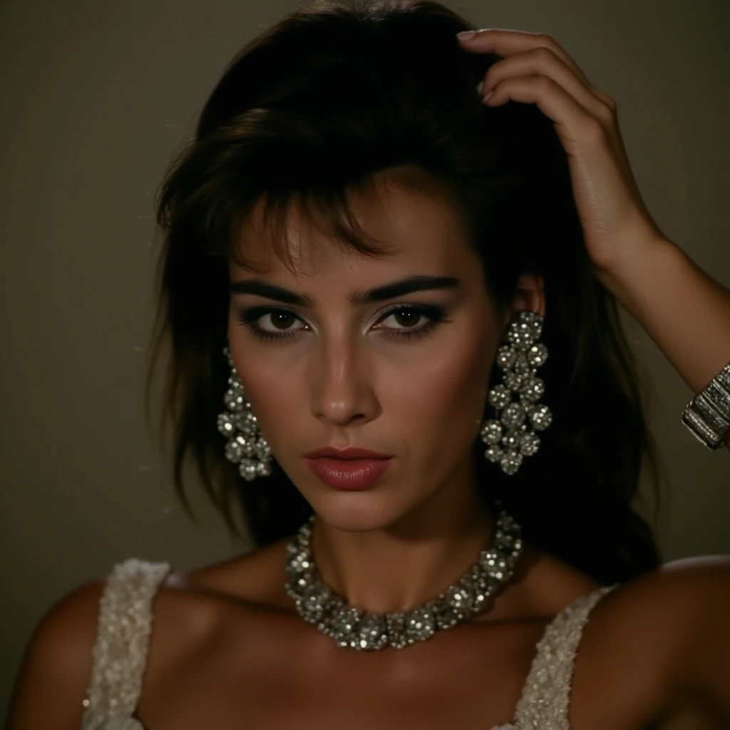 cinematic film still of  <lora:Rosa72 v1:0.9>
Rosa72 a young woman with a necklace and earrings on, perfect image, perfect body, perfect anatomy, sharp image, detailed image, Kodak film, high quality photography, Rosa Caracciolo style, solo, looking at viewer, black hair, brown eyes, earrings, black eyes, arm up, bracelet, lips, makeup, portrait, lipstick, hand on own head, photorealistic, closeup, shallow depth of field, vignette, highly detailed, high budget, bokeh, cinemascope, moody, epic, gorgeous, film grain, grainy