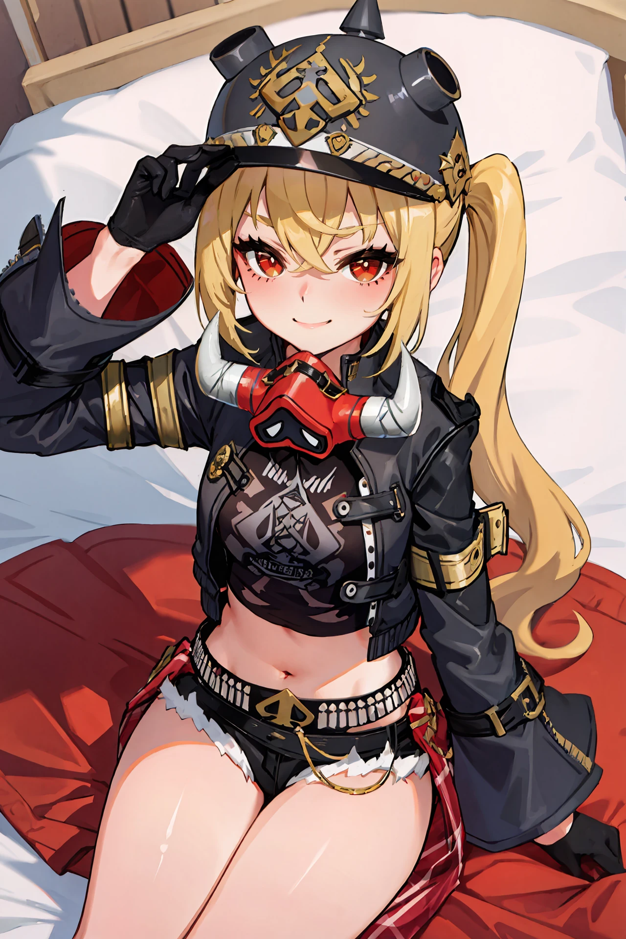 1girl, luciana de montefio, side ponytail, black helmet, cutoffs, half gloves, high belt, cropped jacket, mask around neck, black camisole, sarong, red sock, sitting, bedroom, leaning forward, from above, looking at viewer, smirk