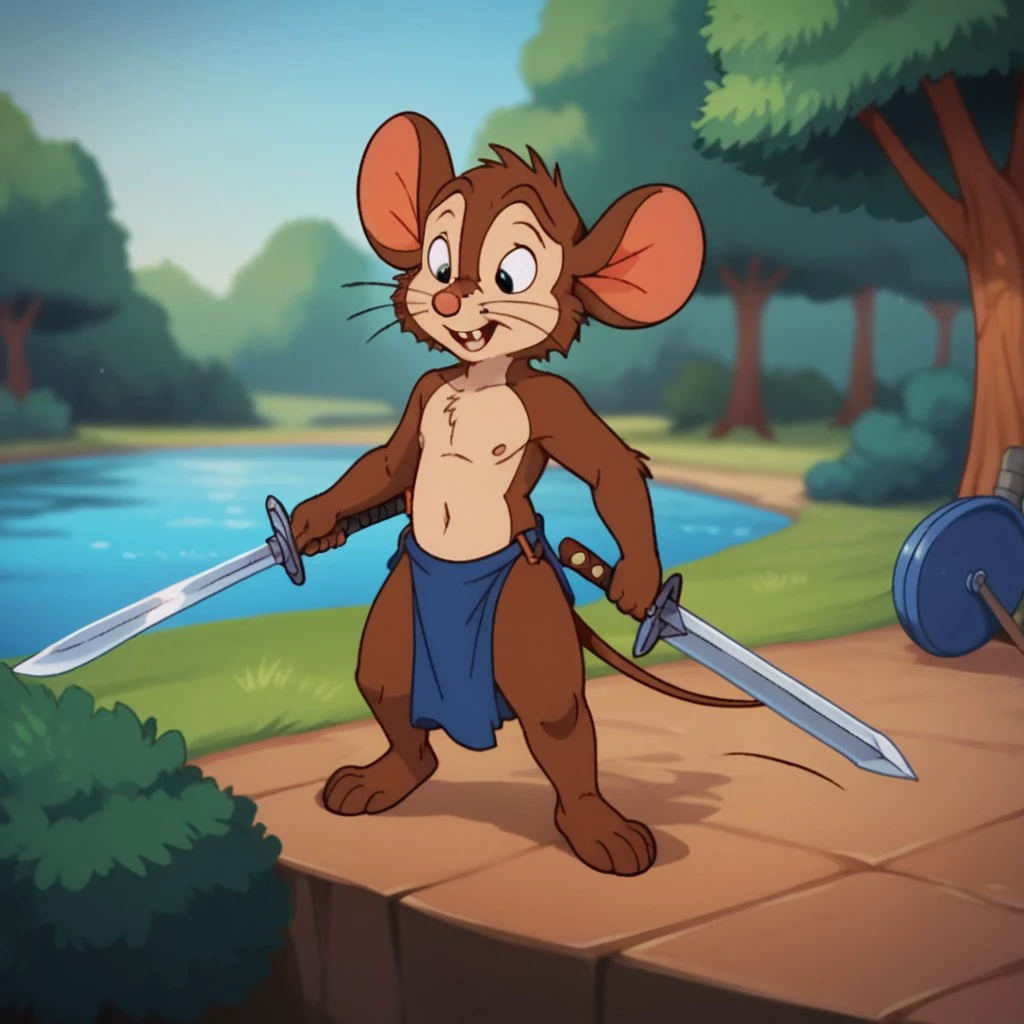 score_9, score_8_up, score_7_up, score_6_up, score_5_up, score_4_up, source_furry,  FievelM, young anthro, male, mouse, brown fur, solo, loincloth, toy sword, toy shield, playing in the  park, <lora:59d1b8b1-f96e-4b0d-8567-415d1a323cc8:0.7>