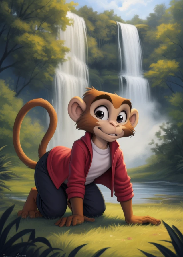 <lora:MrNilPipLonYif:0.8>  MrNilPipLon, monkey, white t-shirt, red jacket, black pants, ( chibi, small body,)
Looks at the viewer, [ solo, nature, forest, day, clouds, waterfall, nude, naced,]all fours,
beautiful, aesthetic, perfect, delicate, intricate, saturated colors, masterpiece, digital drawing, best quality,  
[by personalami], by smitty g, [[[by Foxovh]]], [[by Ross Tran]]