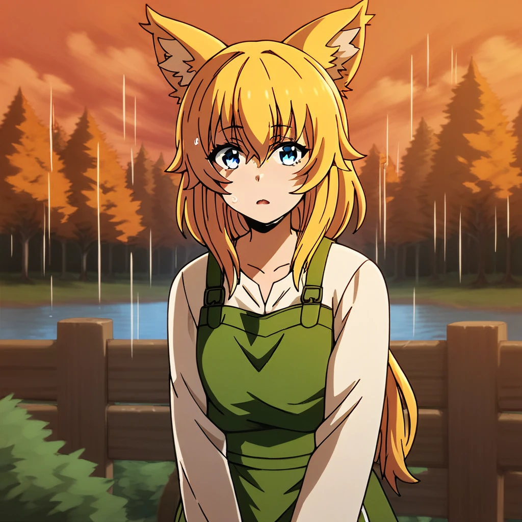 score_9, score_8_up, score_7_up, score_6_up, score_5_up, score_4_up, 1girl, solo, amako, sunset, cloudy sky, buttons, apron, pond, standing, background bushes, fence, fox ears, blue eyes, blonde hair, vneck, open mouth, ((rain)), wet, wet hair, frown, long hair, low ponytail, green overalls, nature, ((background forest)), against fence, <lora:Amako_-_The_Wrong_Way_To_Use_Healing_Magic_-_PONY_XL (1):0.9>