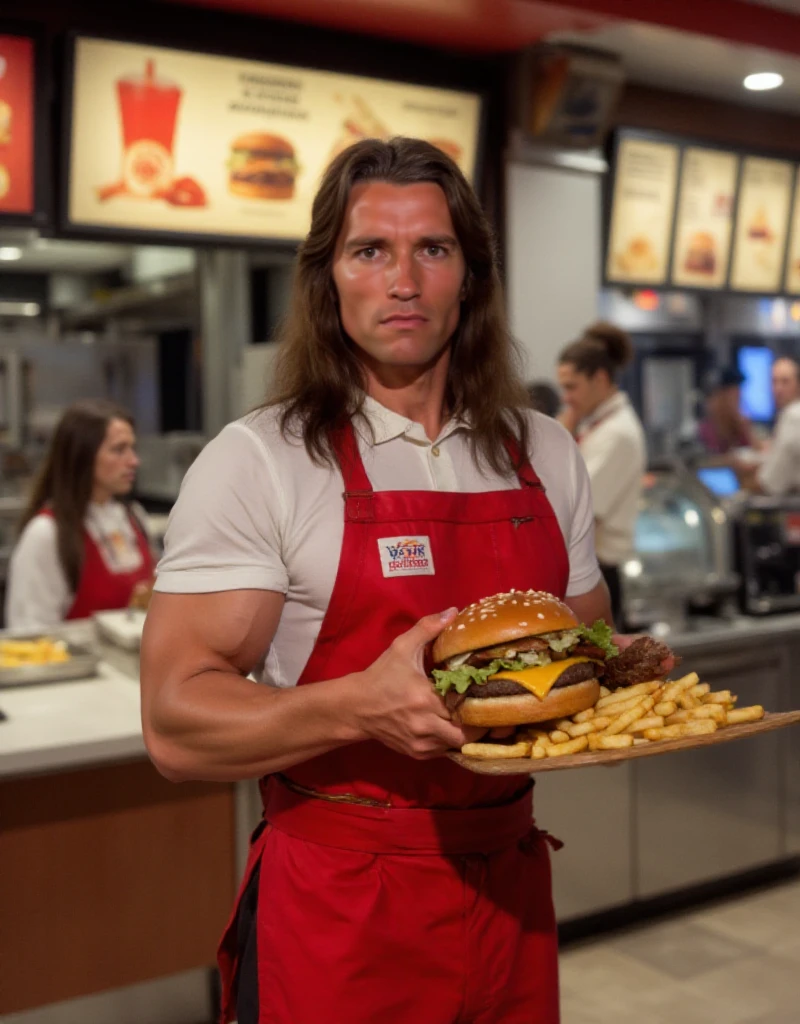 Conan, a man with long hair, is wearing a mcdonalds uniform and is working in a mcdonalds. He is serving burger and fries<lora:Conan:0.9>